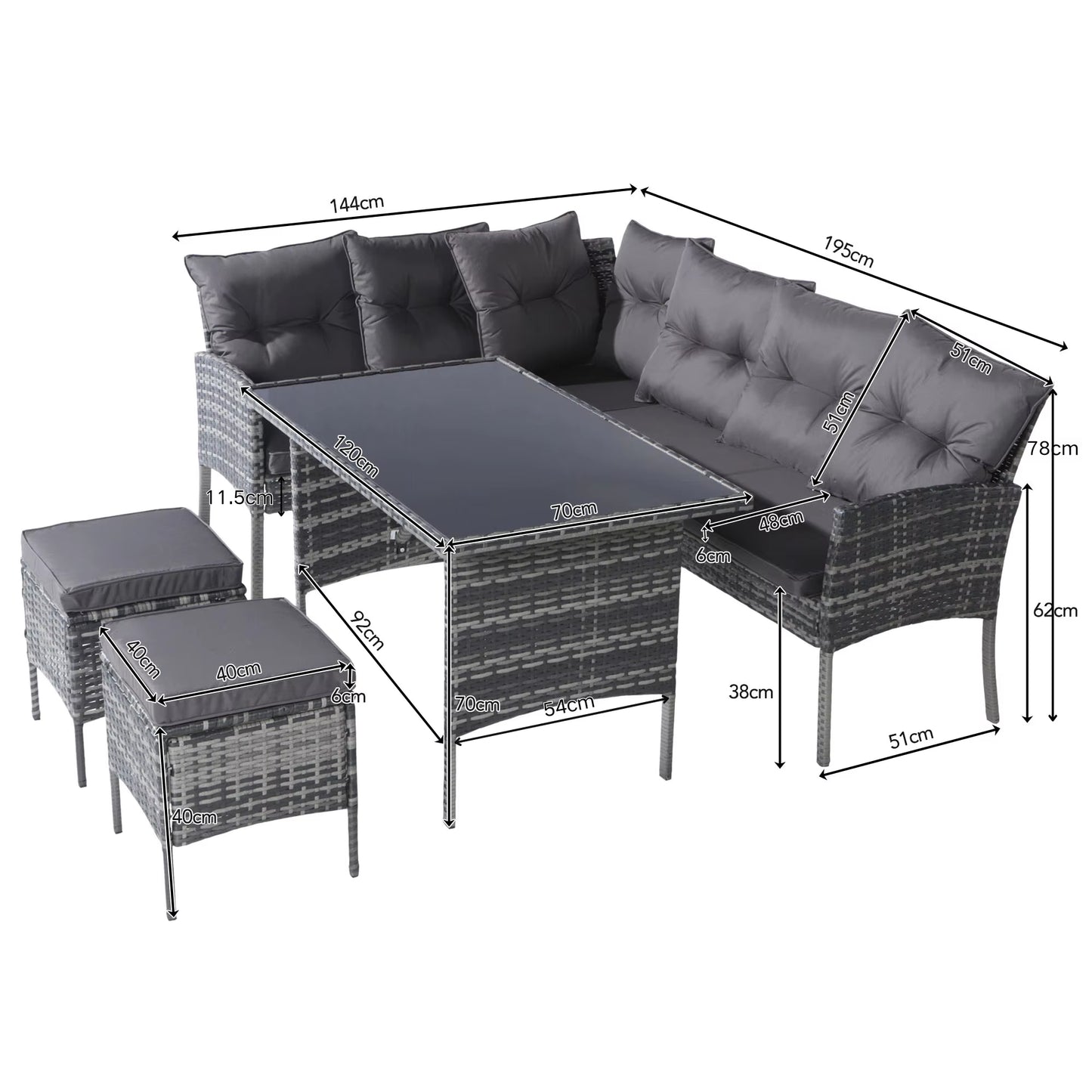 Ensemble mobilier jardin en rotin 7 places avec canapé, table, coussins