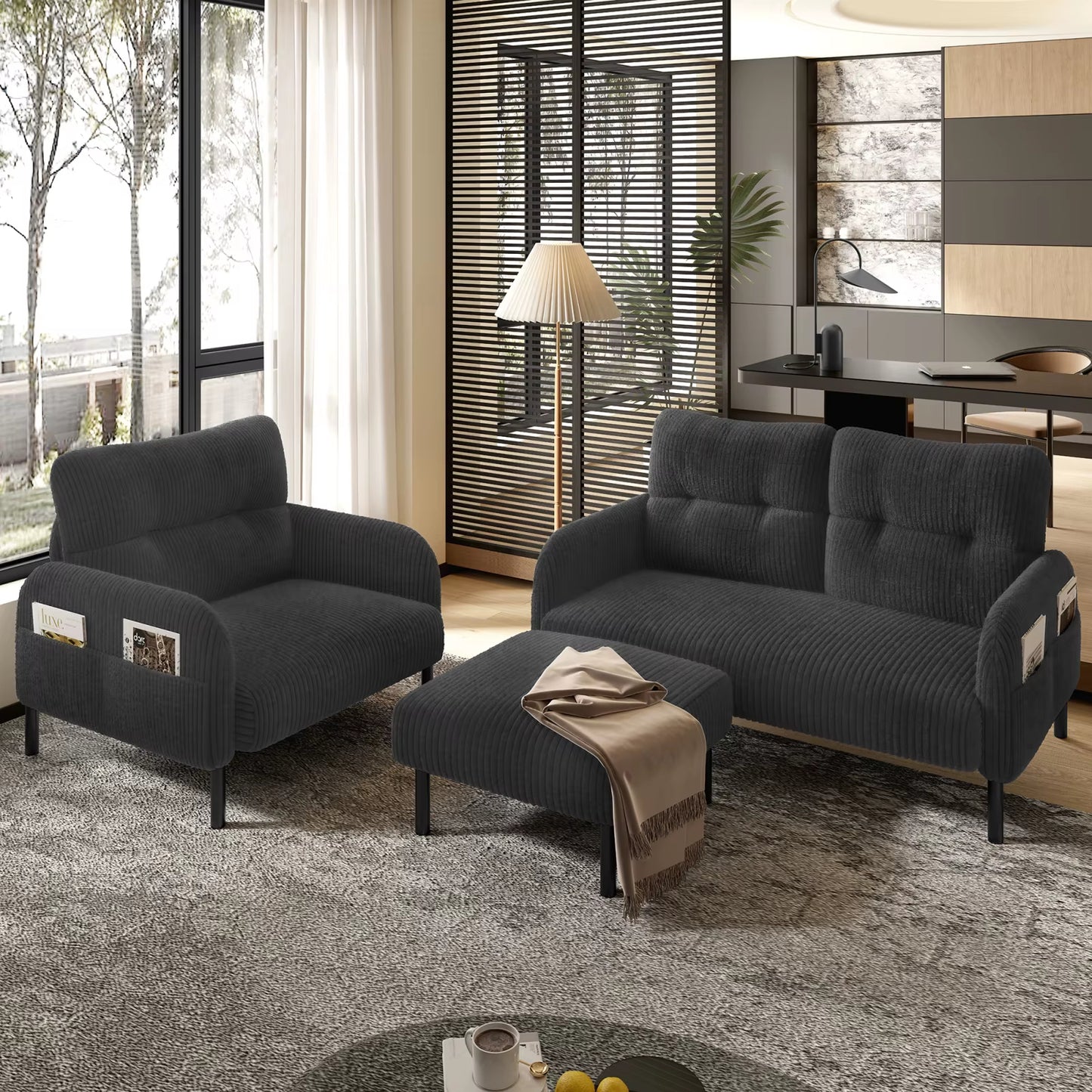 Ensemble canapé d’angle modulable en velours côtelé avec poches latérales