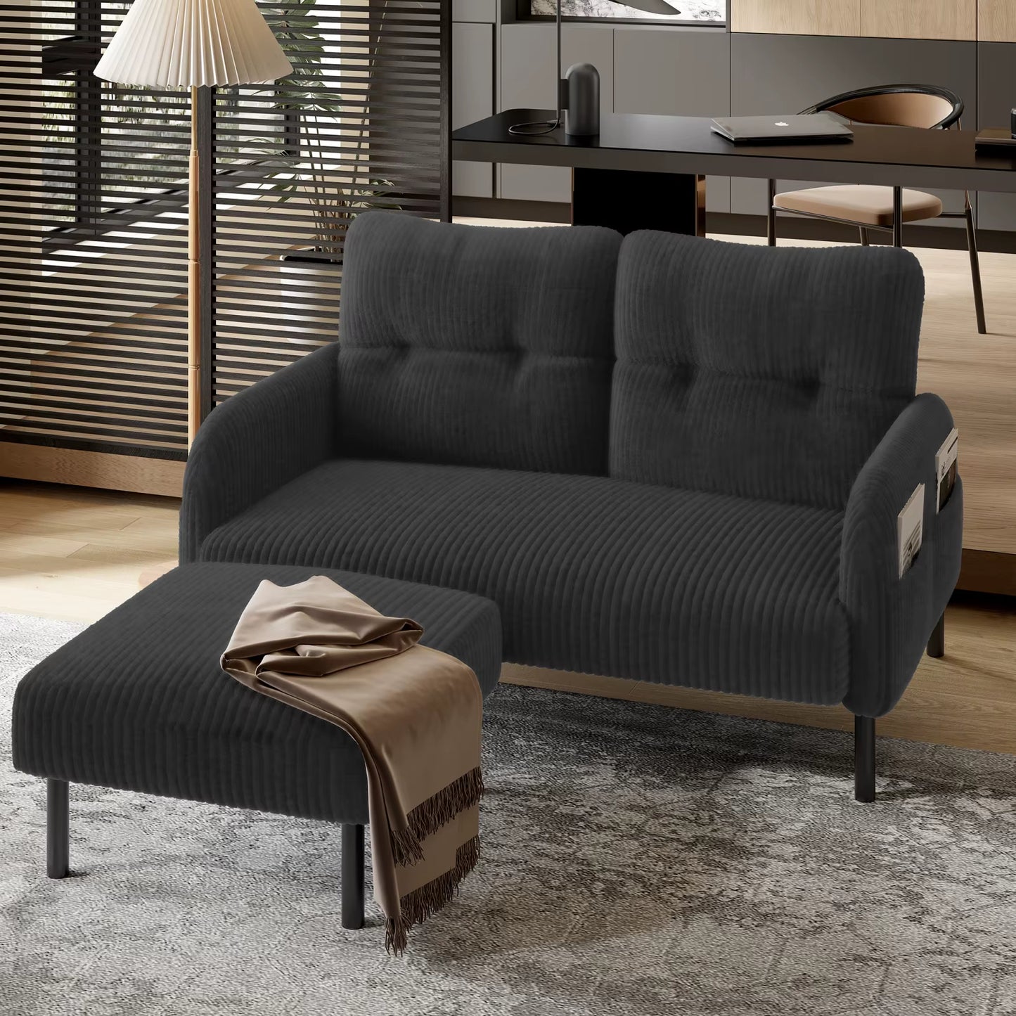 Ensemble canapé d’angle modulable en velours côtelé avec poches latérales