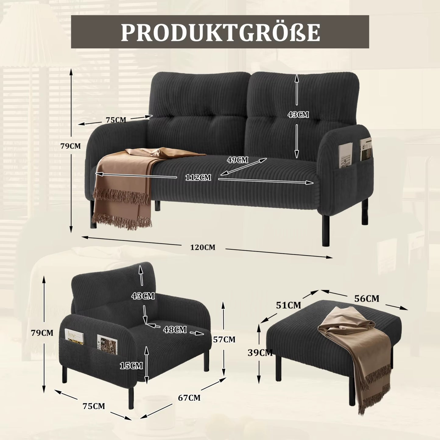 Ensemble canapé d’angle modulable en velours côtelé avec poches latérales