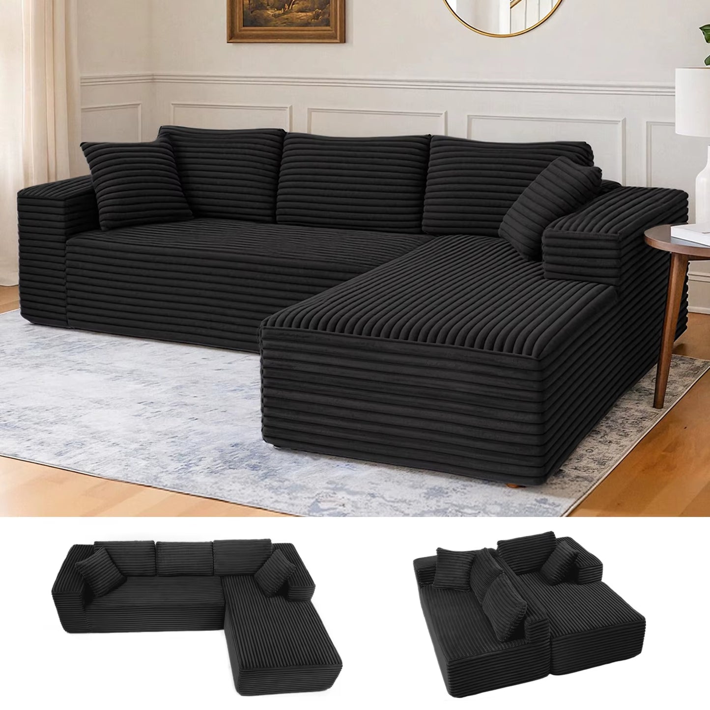 Canapé d’angle en tissu avec méridienne pour salon, 105 pouces