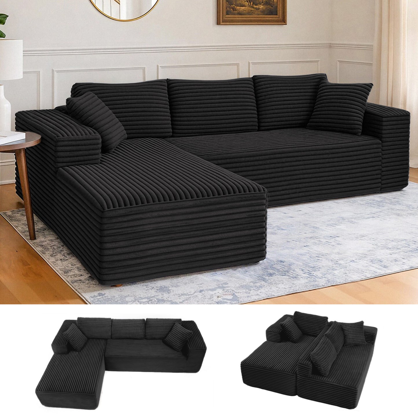 Canapé d’angle en tissu avec méridienne pour salon, 105 pouces