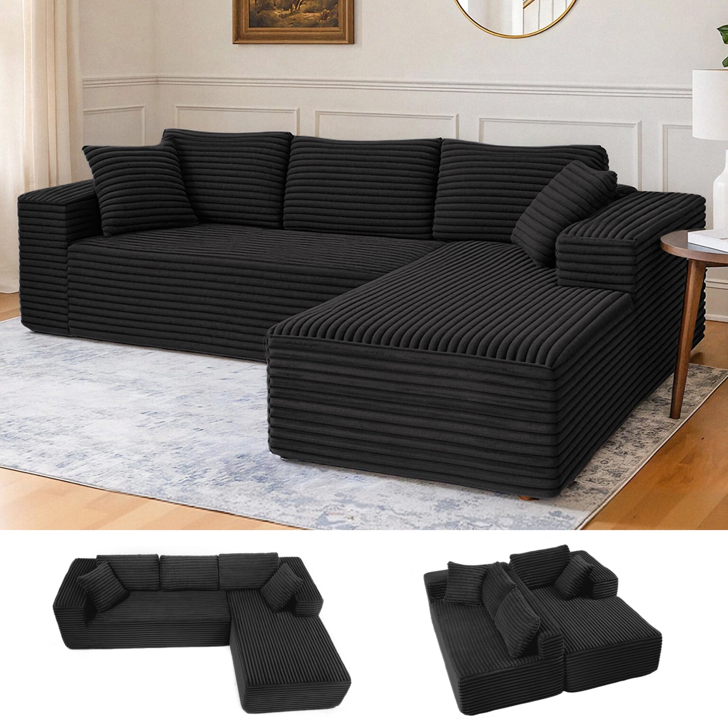 Canapé d’angle en tissu avec méridienne pour salon, 105 pouces