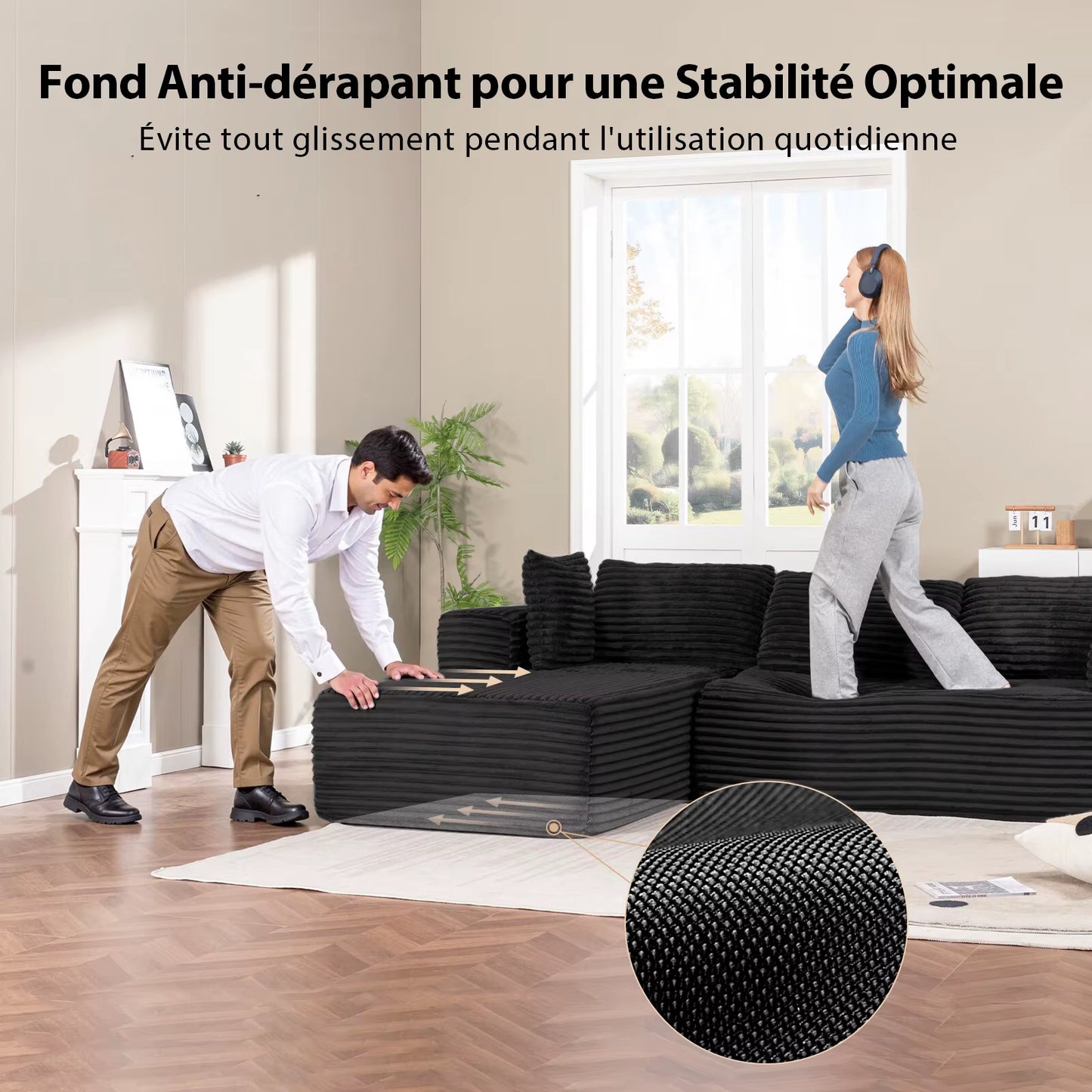Canapé d’angle en tissu avec méridienne pour salon, 105 pouces