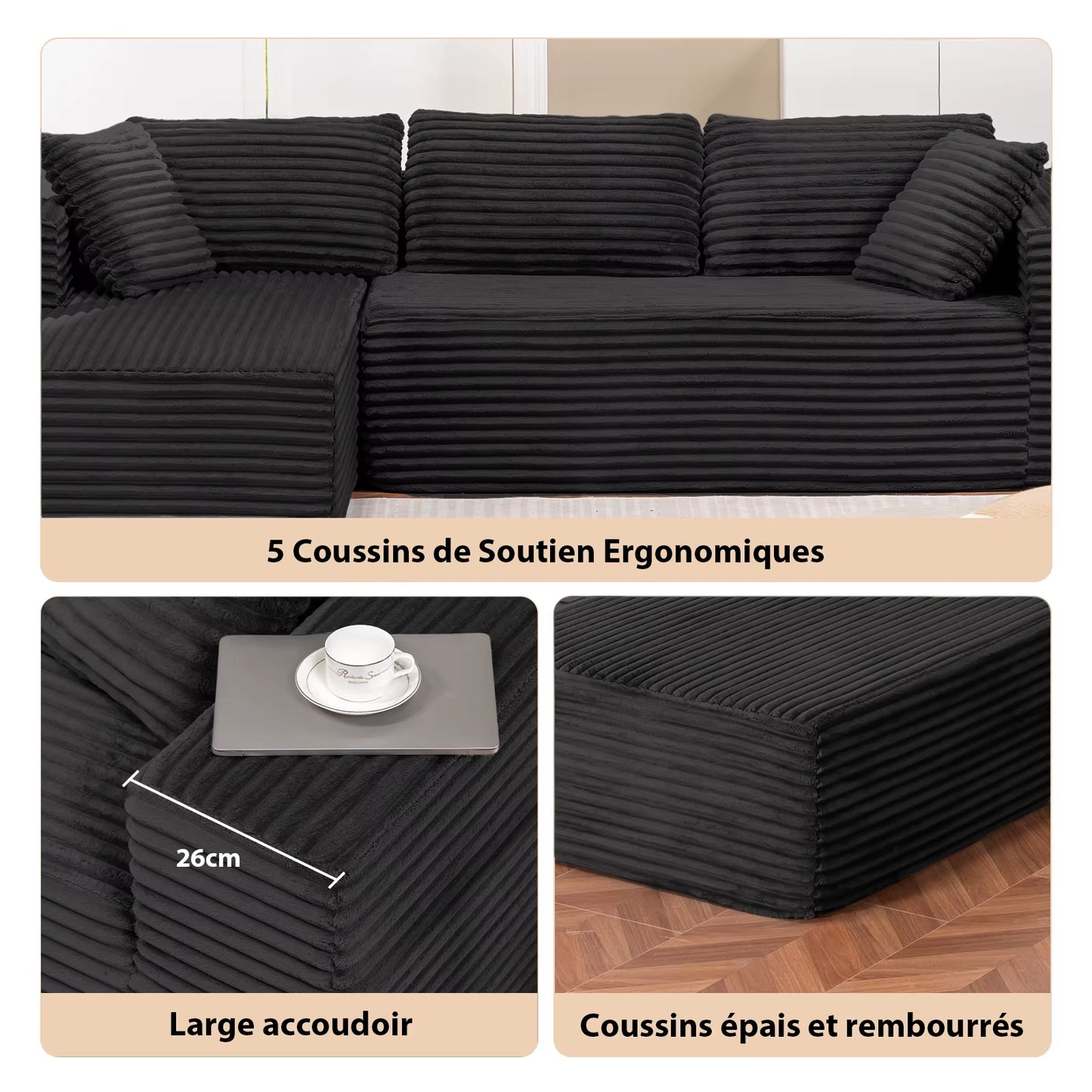 Canapé d’angle en tissu avec méridienne pour salon, 105 pouces