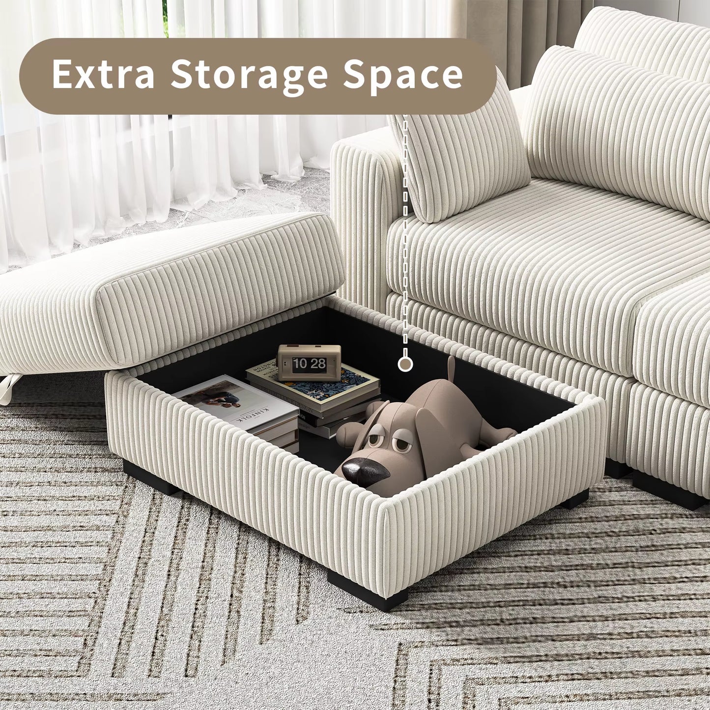 Canapé modulable convertible en velours côtelé beige avec ottoman