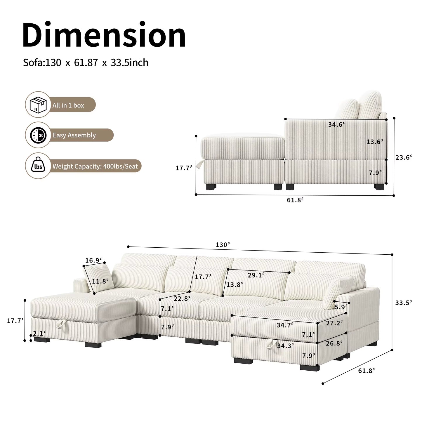 Canapé modulable convertible en velours côtelé beige avec ottoman