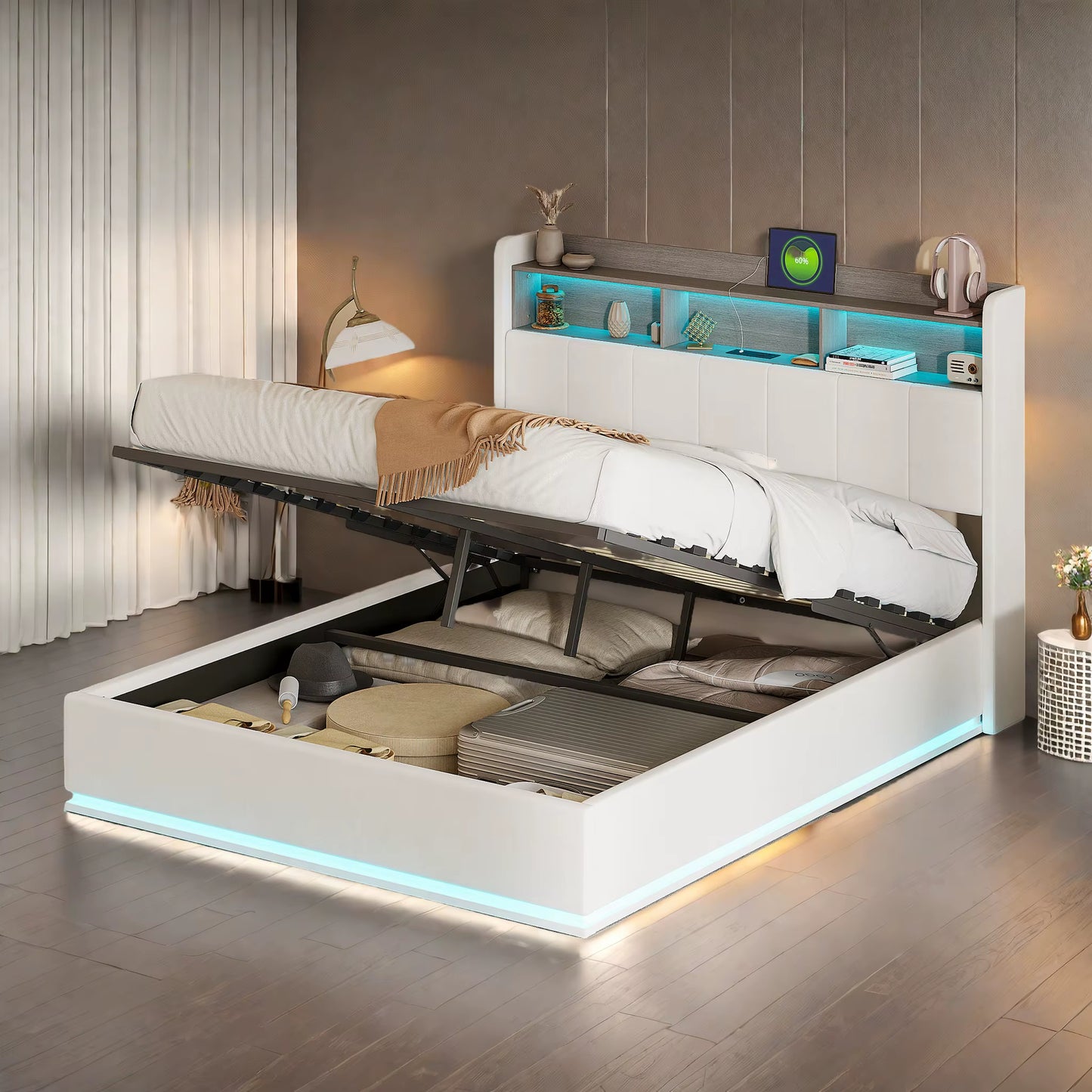 Cadre de lit double rembourré blanc avec rangement, LED et port USB