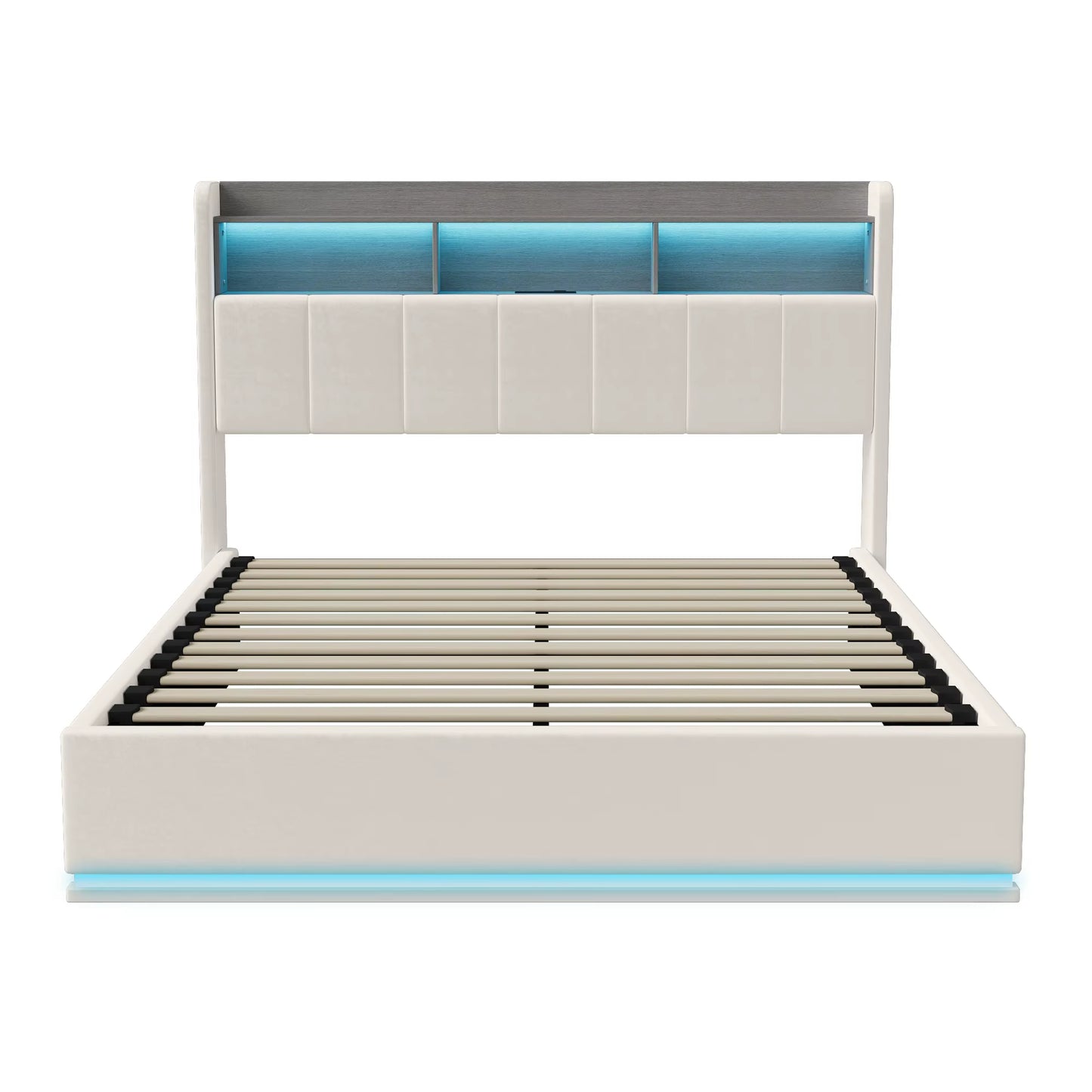 Cadre de lit double rembourré blanc avec rangement, LED et port USB