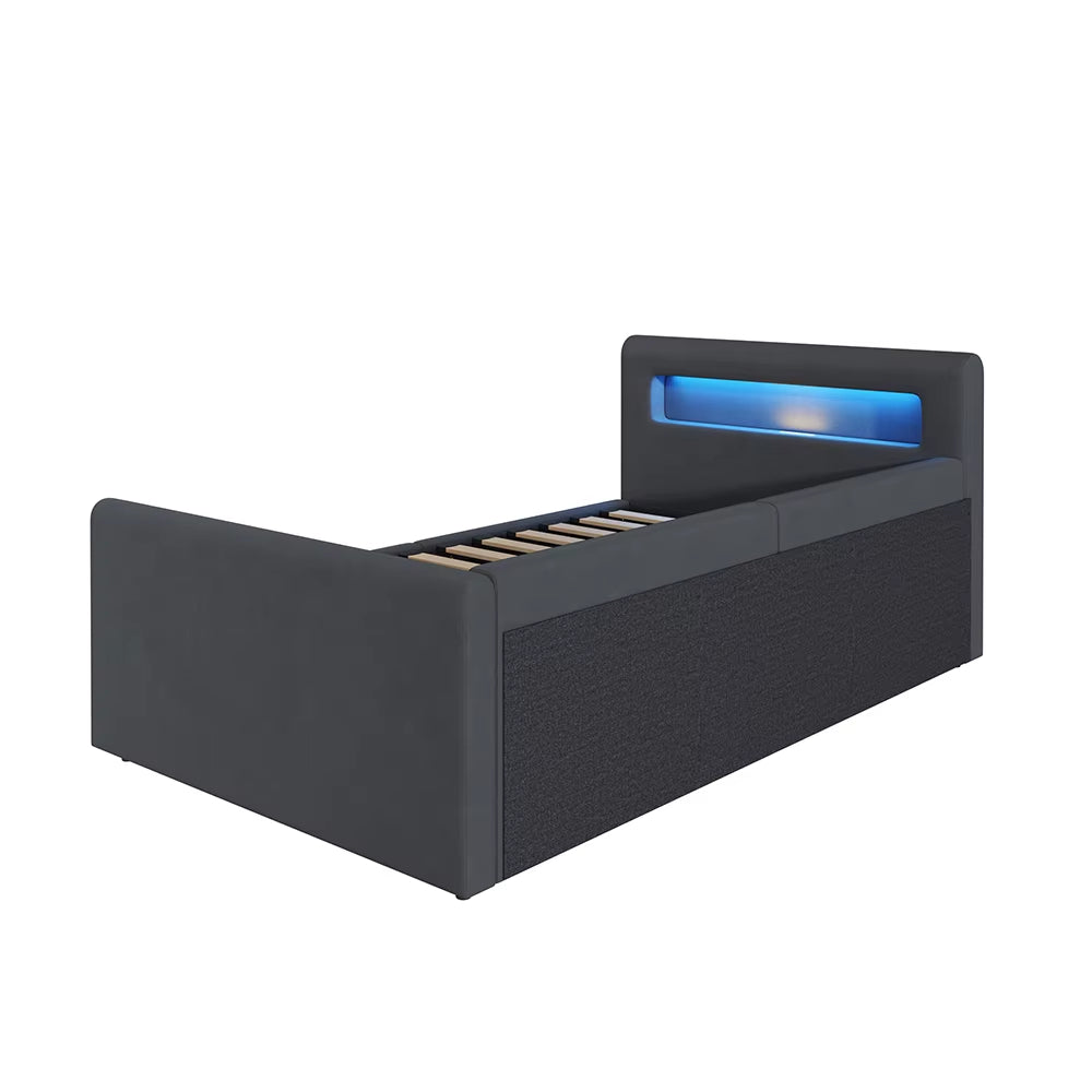 Lit enfant rembourré 90x200 cm avec LED, veilleuse, USB, étagère, rangement hydraulique