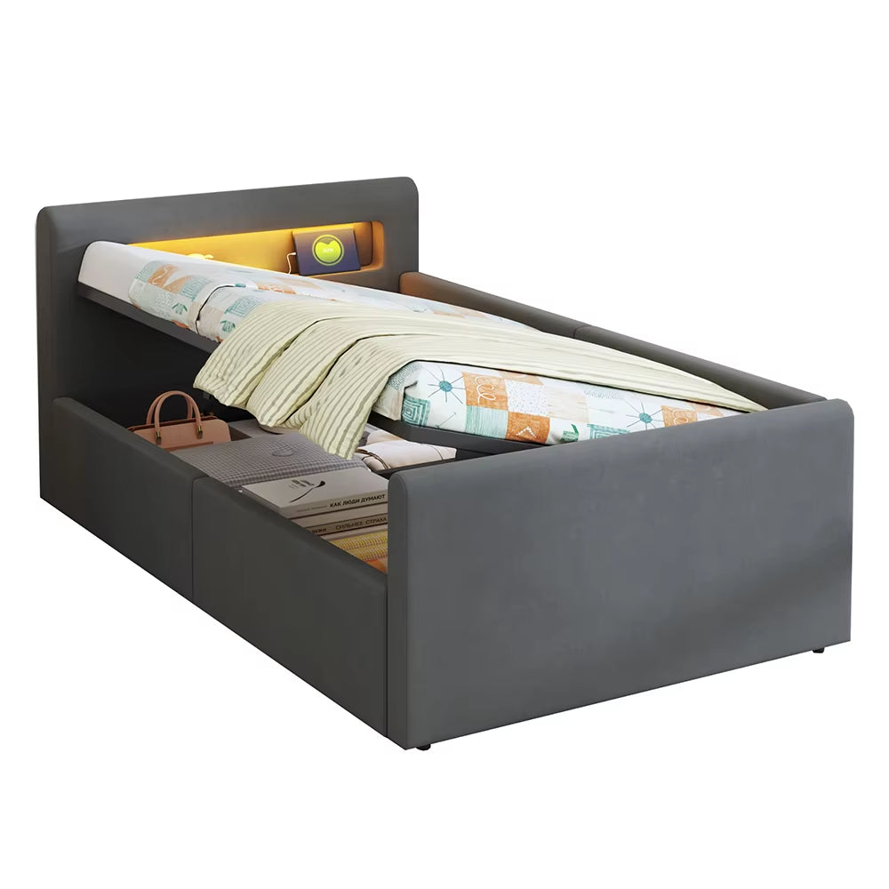 Lit enfant rembourré 90x200 cm avec LED, veilleuse, USB, étagère, rangement hydraulique