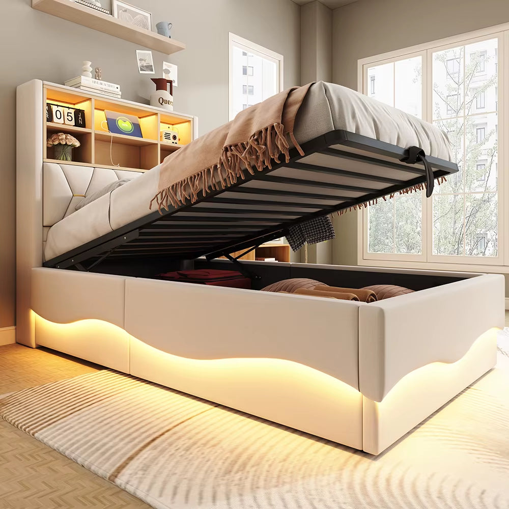 Lit enfant 90x200 cm avec rangement hydraulique, LED contrôlé par app, USB