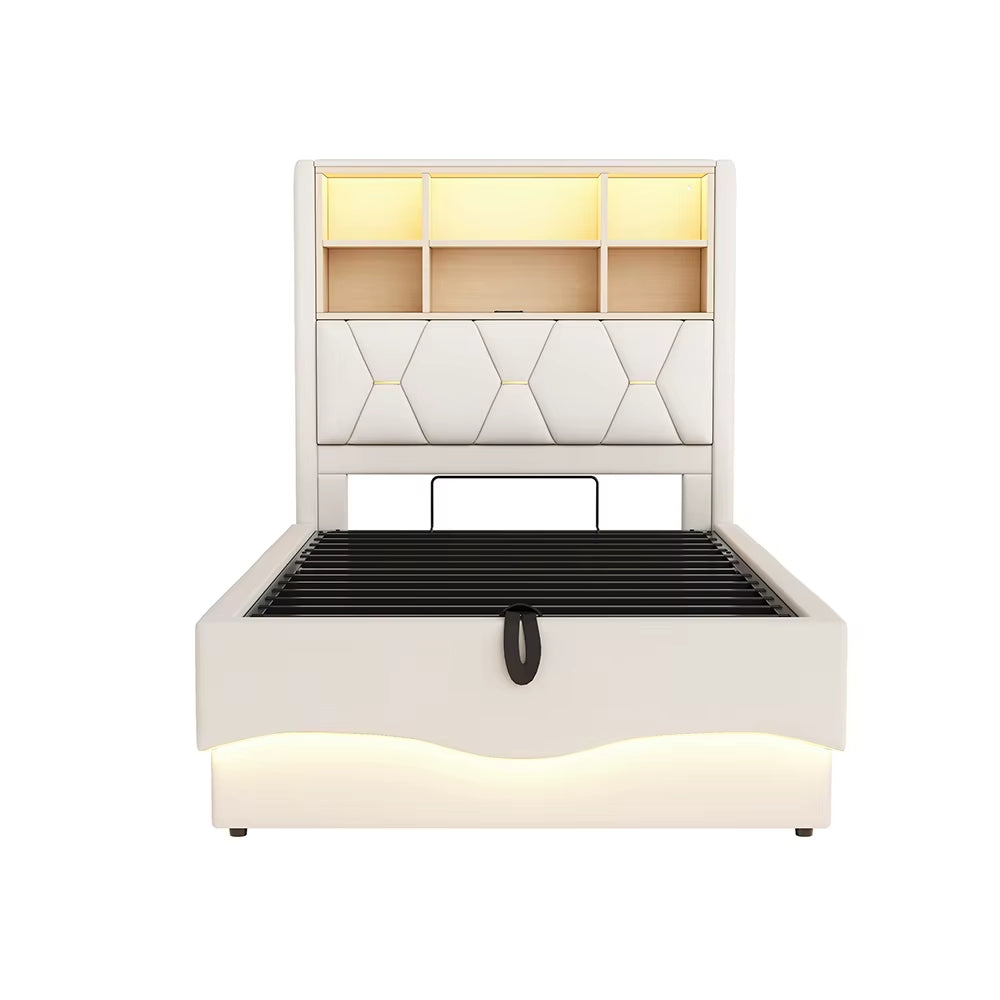 Lit enfant 90x200 cm avec rangement hydraulique, LED contrôlé par app, USB