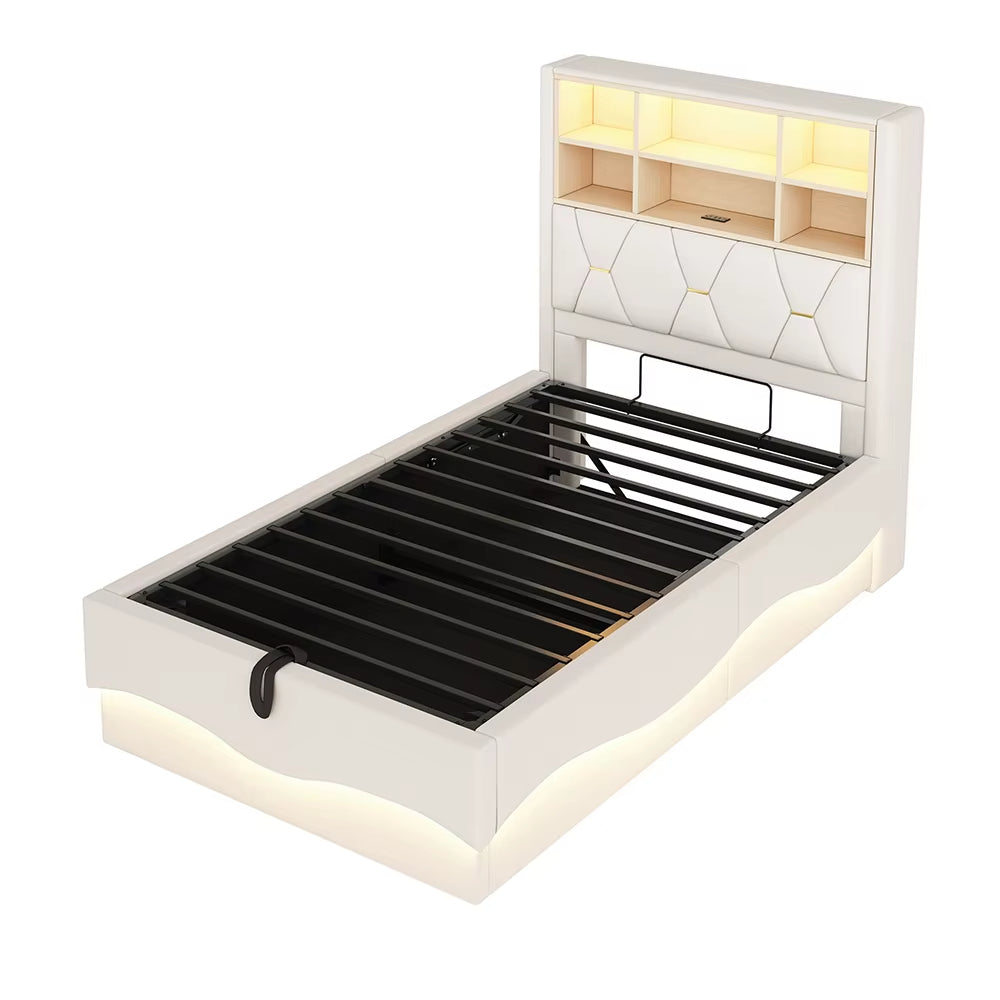 Lit enfant 90x200 cm avec rangement hydraulique, LED contrôlé par app, USB