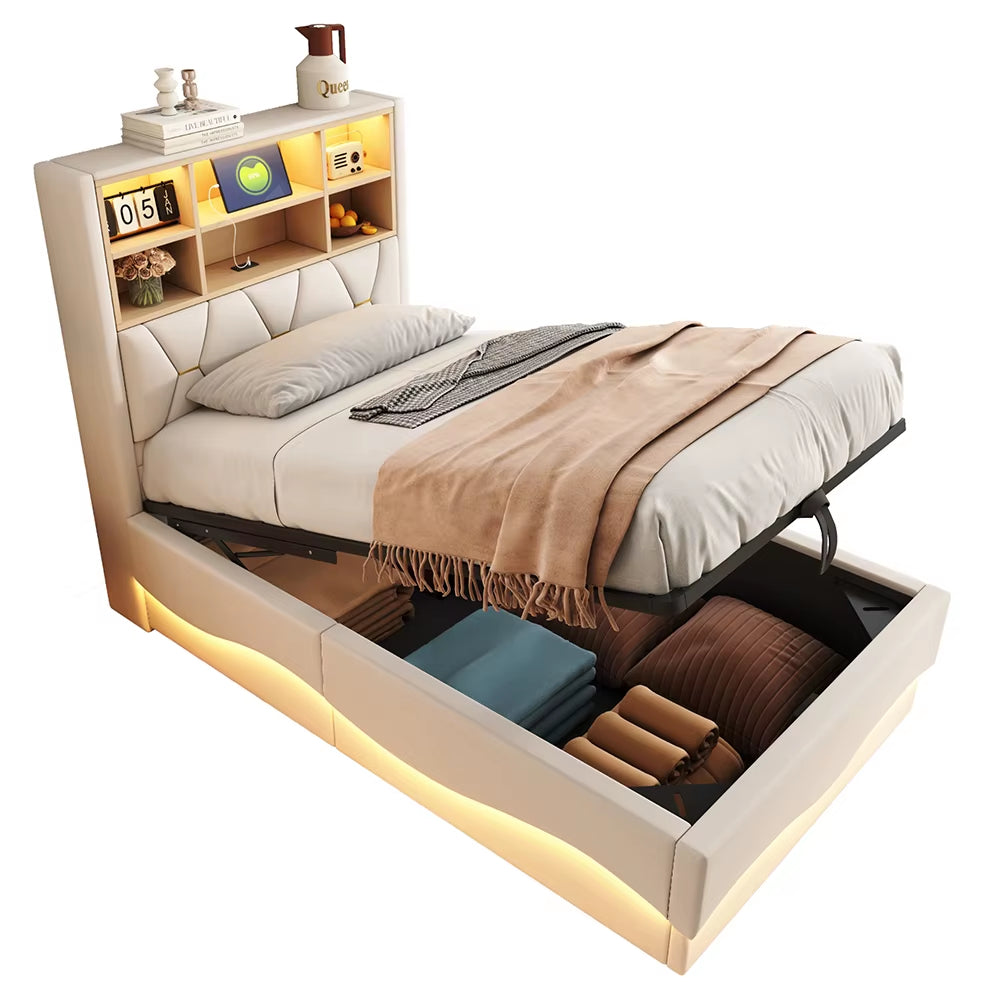 Lit enfant 90x200 cm avec rangement hydraulique, LED contrôlé par app, USB
