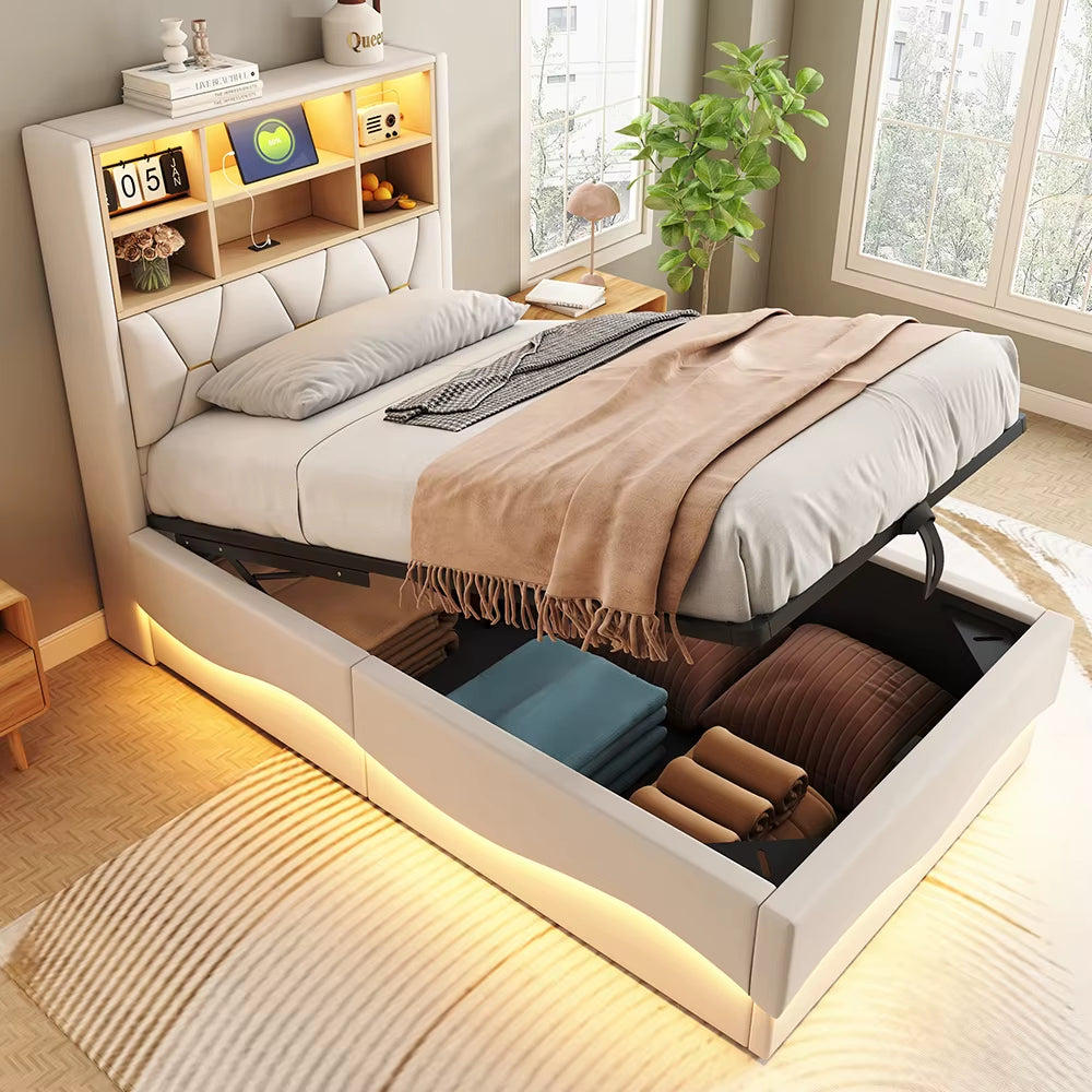 Lit enfant 90x200 cm avec rangement hydraulique, LED contrôlé par app, USB