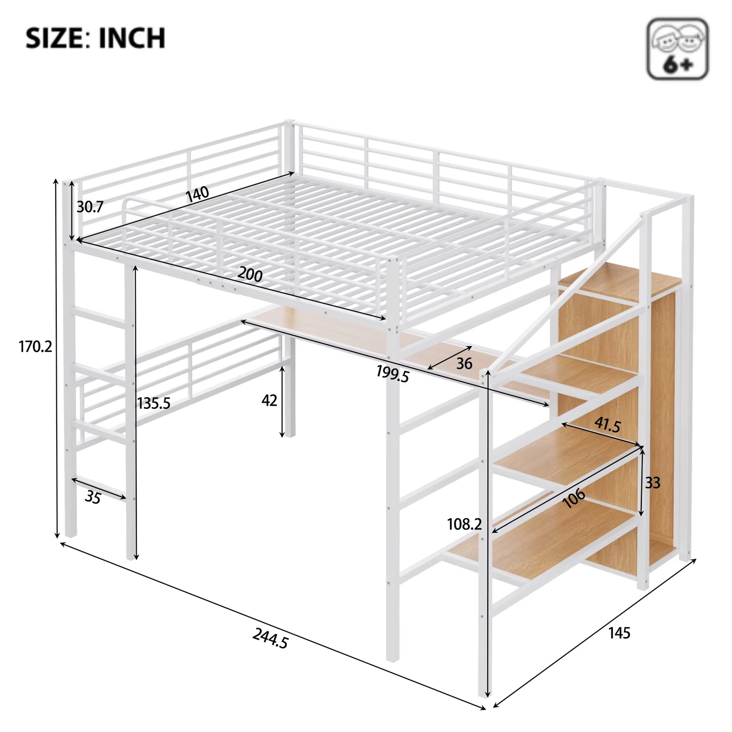 Lit mezzanine 140x200 cm structure métal avec bureau, étagère, rangement