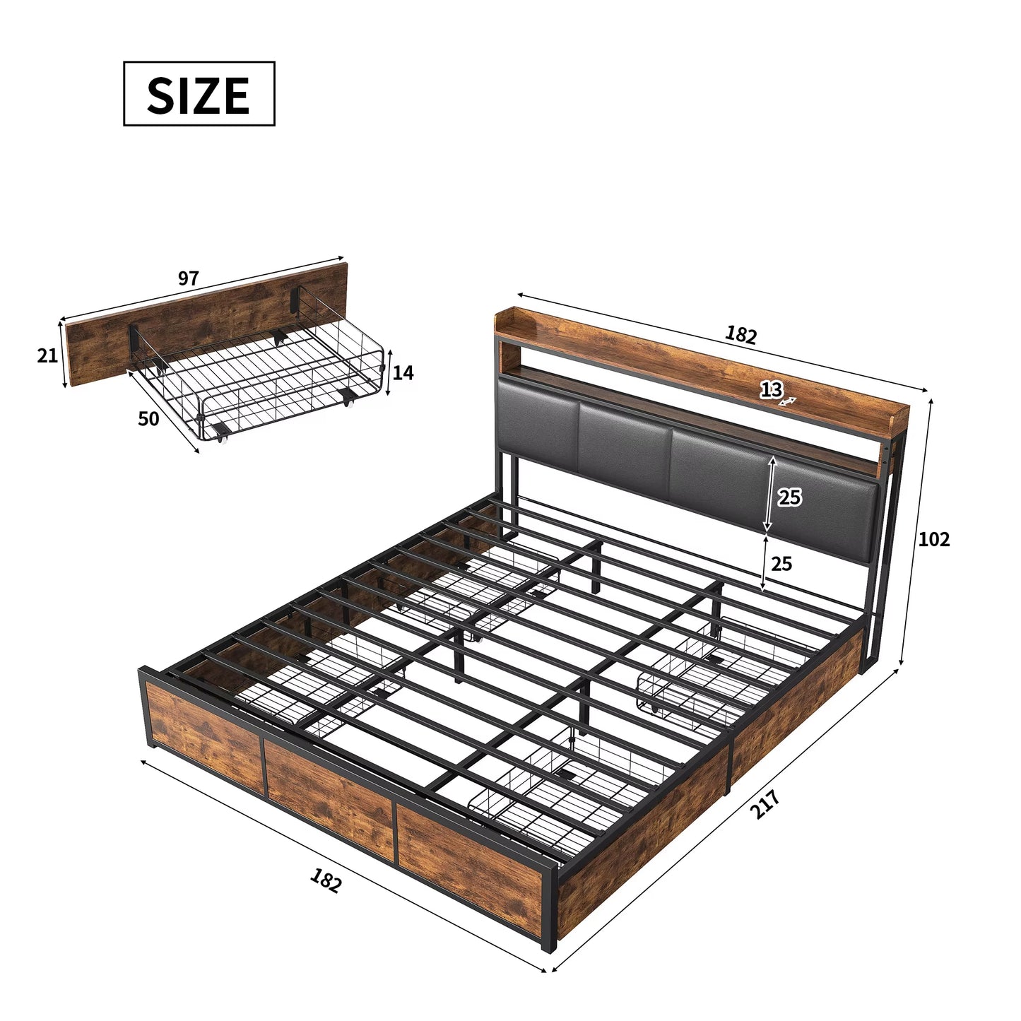 Lit rembourré double 180x200 cm cadre métal avec LED et 4 tiroirs