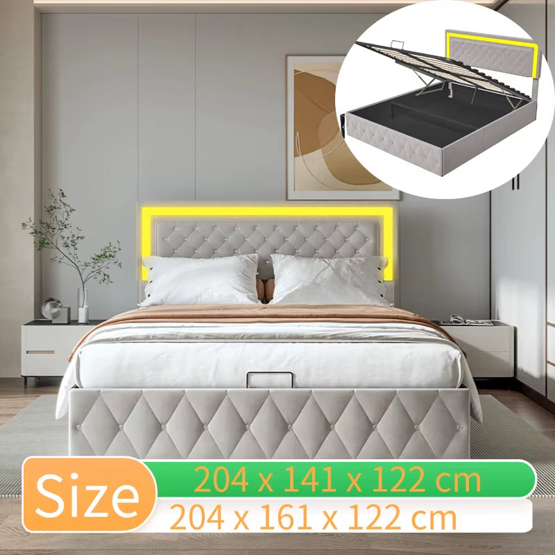 Lit double rembourré beige en velours avec tête ajustable et verrou hydraulique