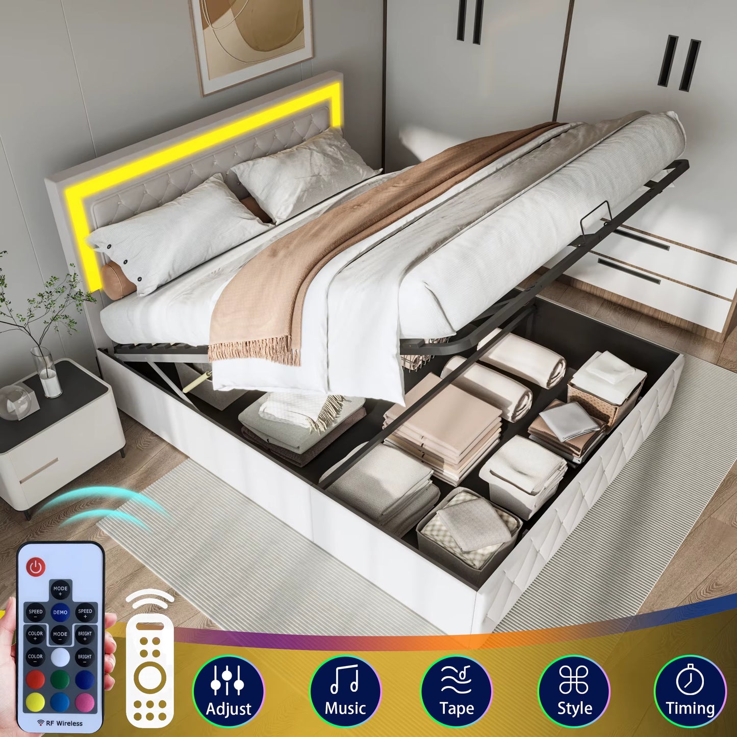Lit double rembourré beige en velours avec tête ajustable et verrou hydraulique