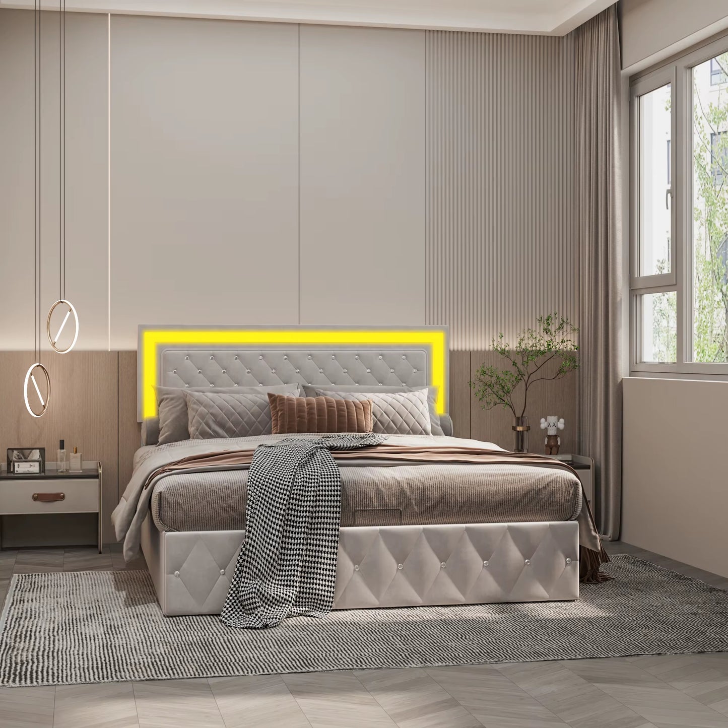 Lit double rembourré beige en velours avec tête ajustable et verrou hydraulique