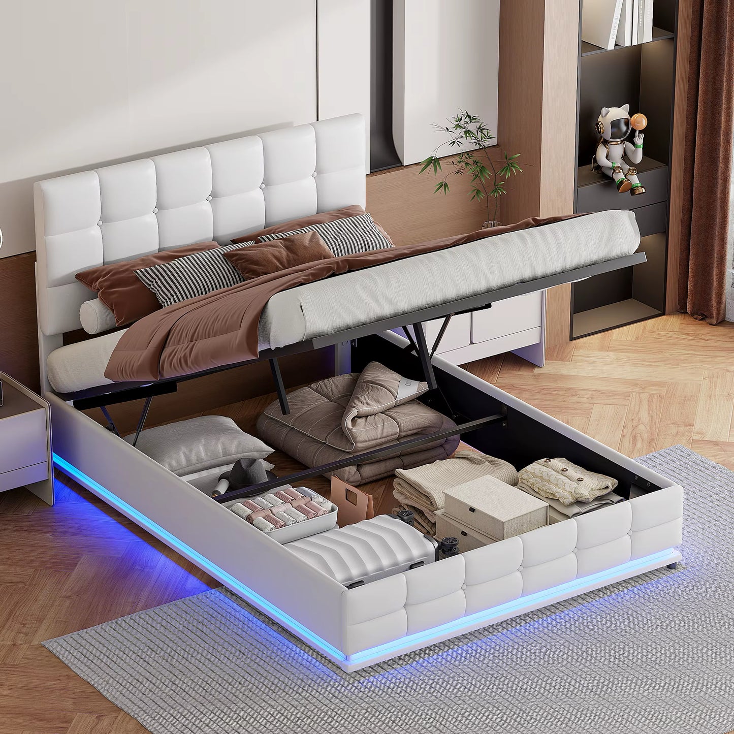 Cadre de lit double 140x200 cm en PU blanc avec rangement, sans matelas
