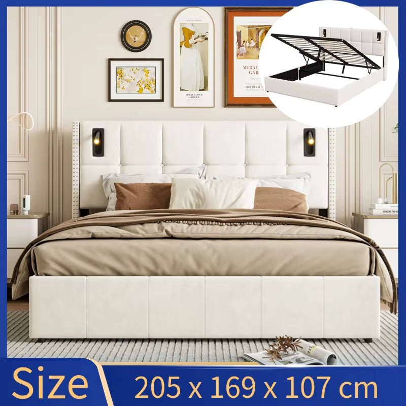 Lit double rembourré 160x200 cm avec lampe lecture, rangement hydraulique, lattes