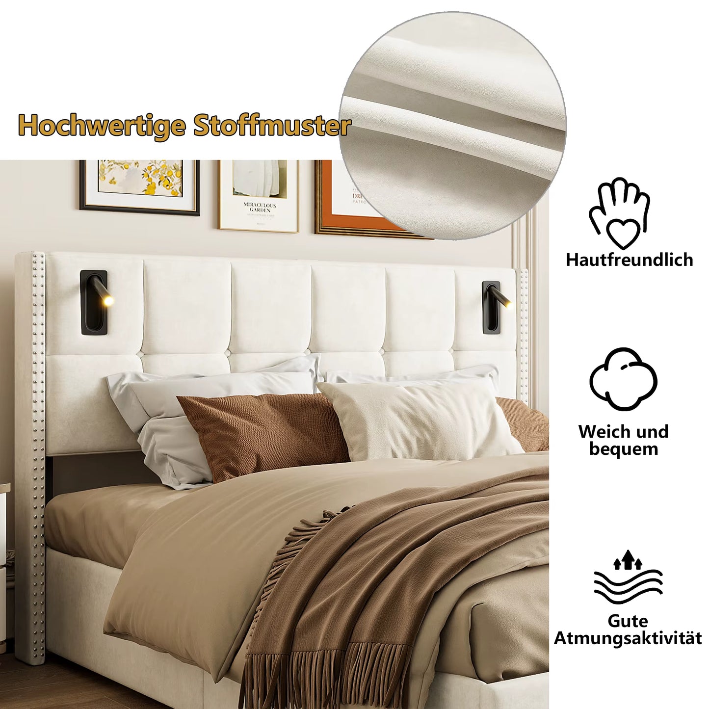 Lit double rembourré 160x200 cm avec lampe lecture, rangement hydraulique, lattes