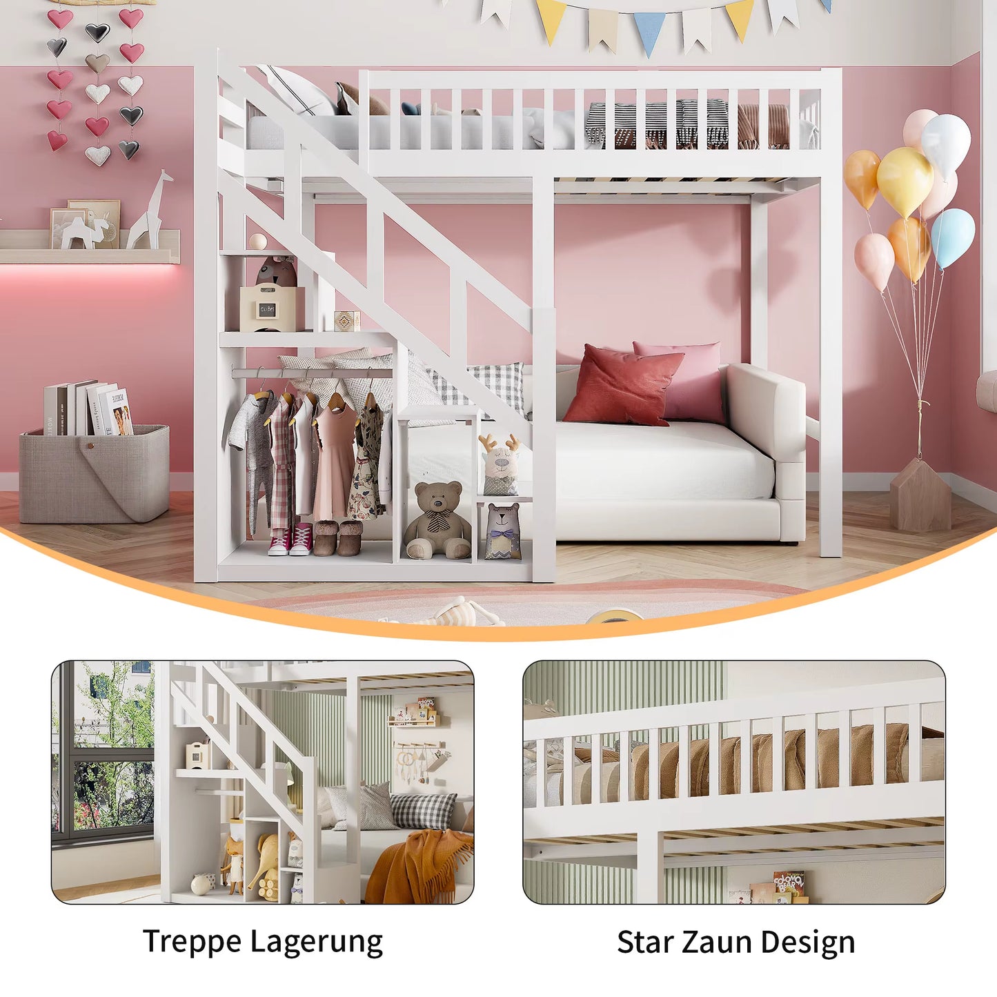 Lit superposé bois 90x200 cm pour enfants, avec escalier et rangement
