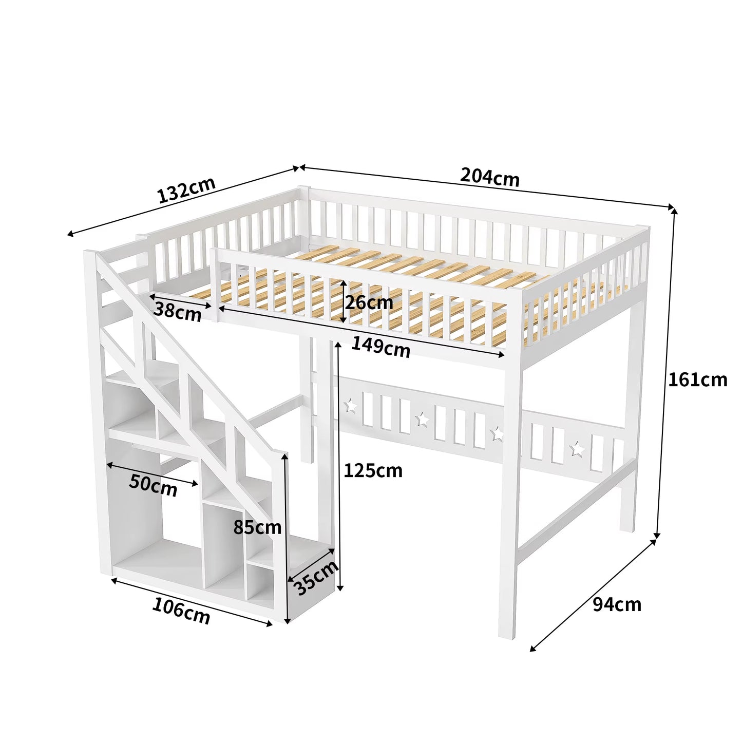 Lit superposé bois 90x200 cm pour enfants, avec escalier et rangement