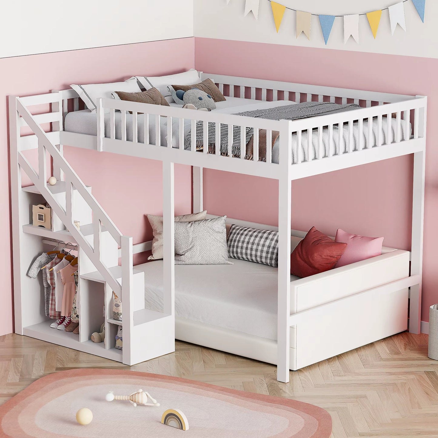 Lit superposé bois 90x200 cm pour enfants, avec escalier et rangement