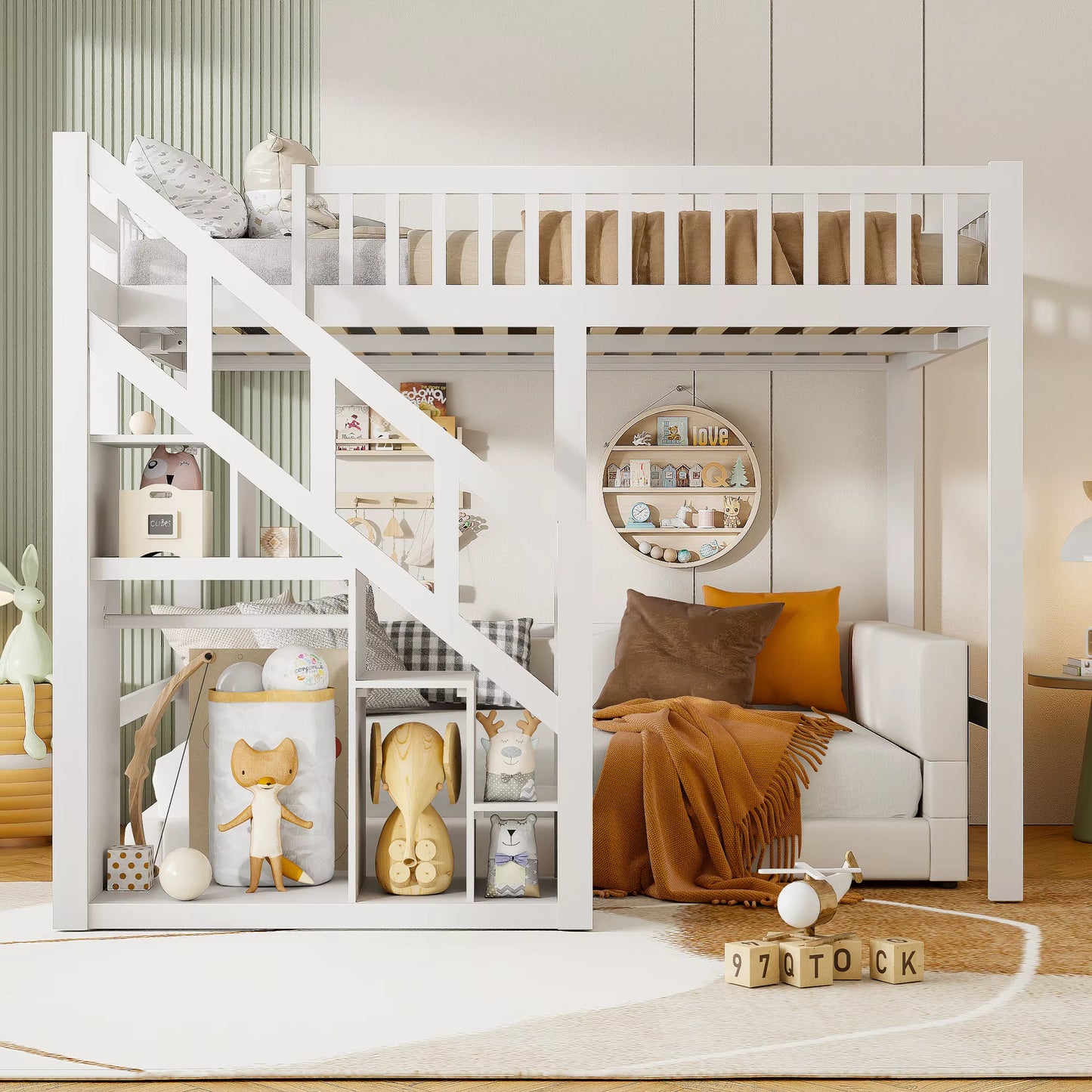 Lit superposé bois 90x200 cm pour enfants, avec escalier et rangement