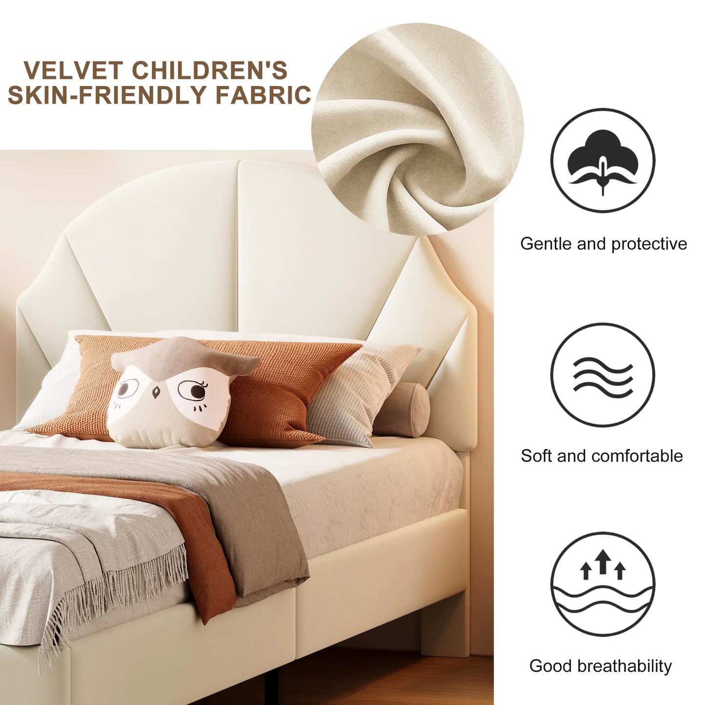 Lit enfant 90x200 cm velours avec tête réglable pour garçons et filles