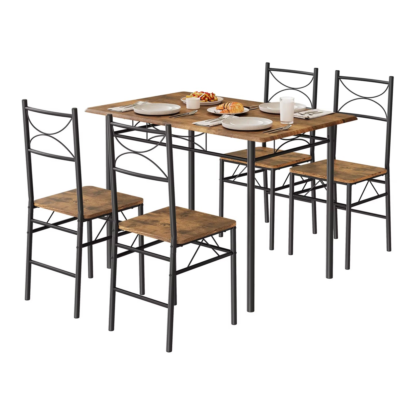 Table rectangulaire + 4 chaises cadre métal, set repas 4 personnes