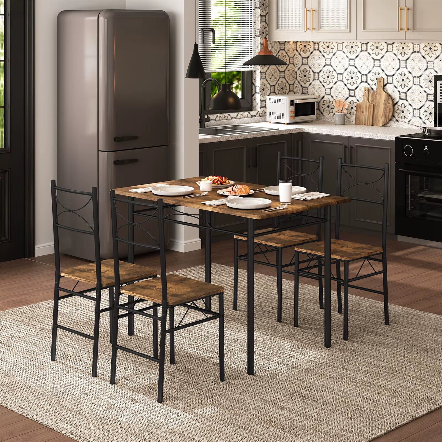 Table rectangulaire + 4 chaises cadre métal, set repas 4 personnes