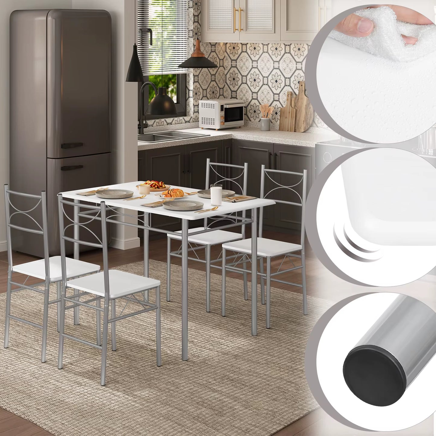 Table rectangulaire + 4 chaises cadre métal, set repas 4 personnes