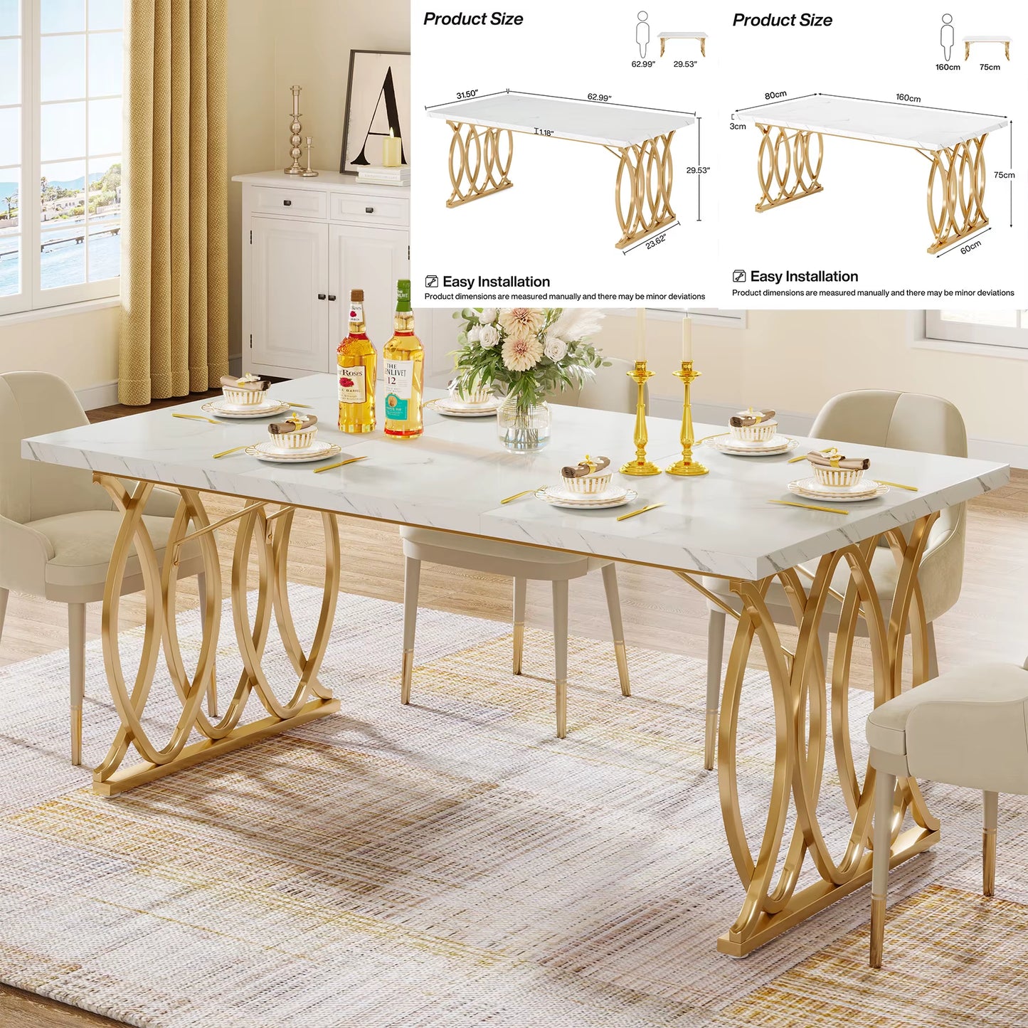 Table rectangulaire moderne 63" blanc marbre synthétique, 4-6 personnes