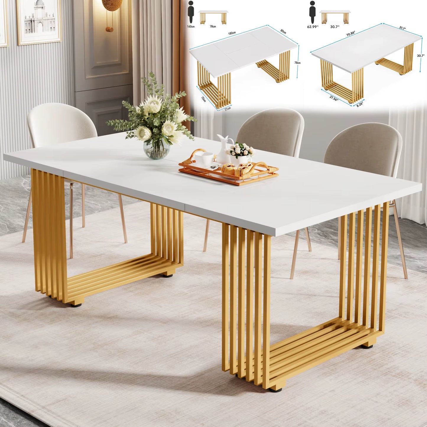 Table rectangulaire moderne 63" blanc marbre synthétique, 4-6 personnes