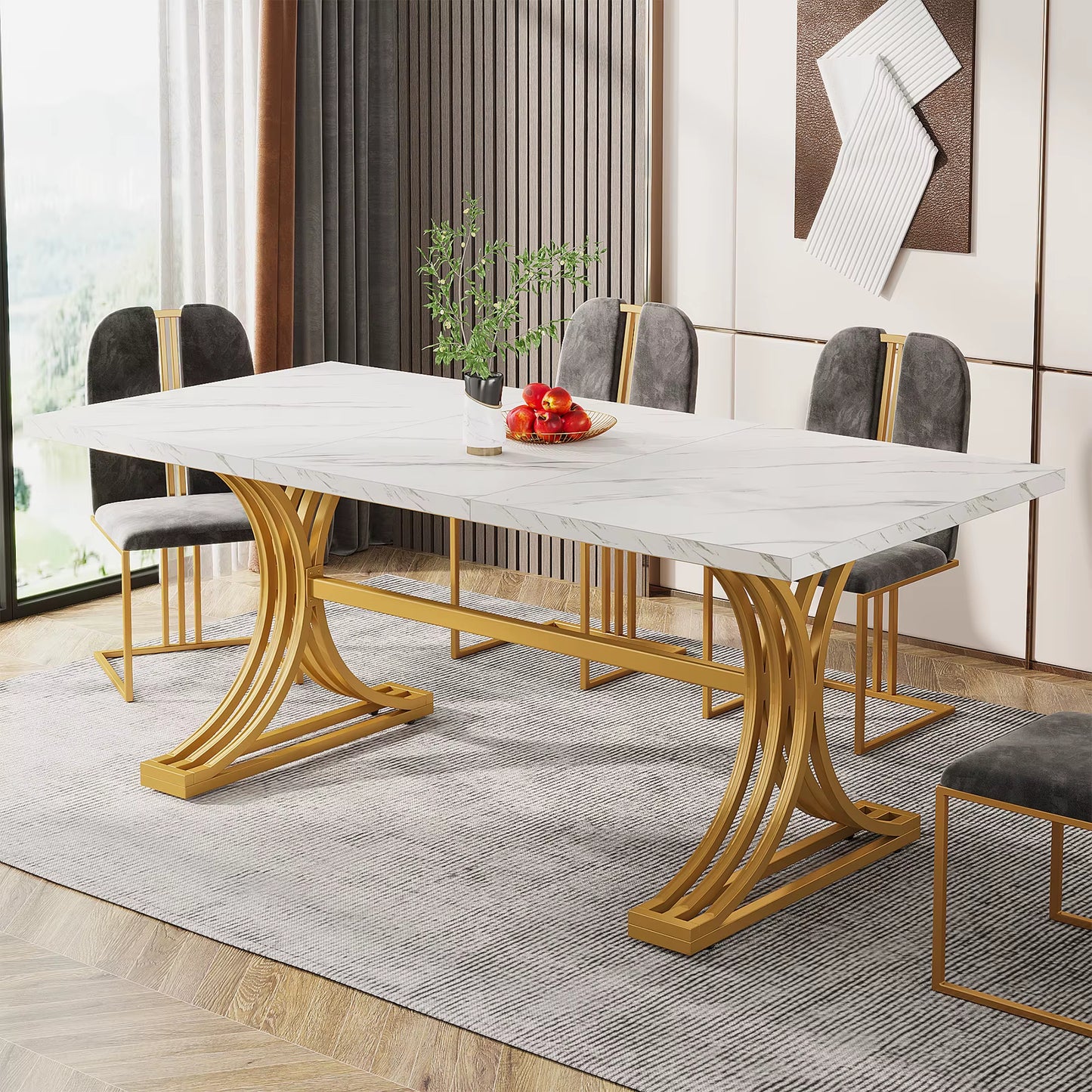 Table rectangulaire moderne 63" blanc marbre synthétique, 4-6 personnes