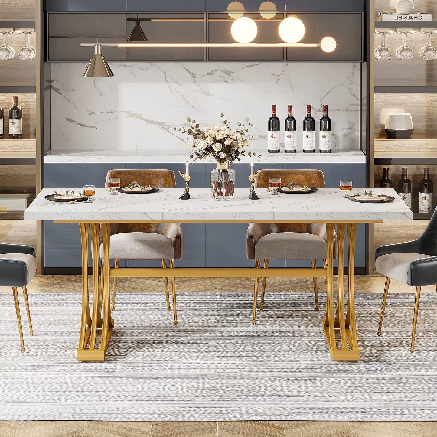 Table rectangulaire moderne 63" blanc marbre synthétique, 4-6 personnes