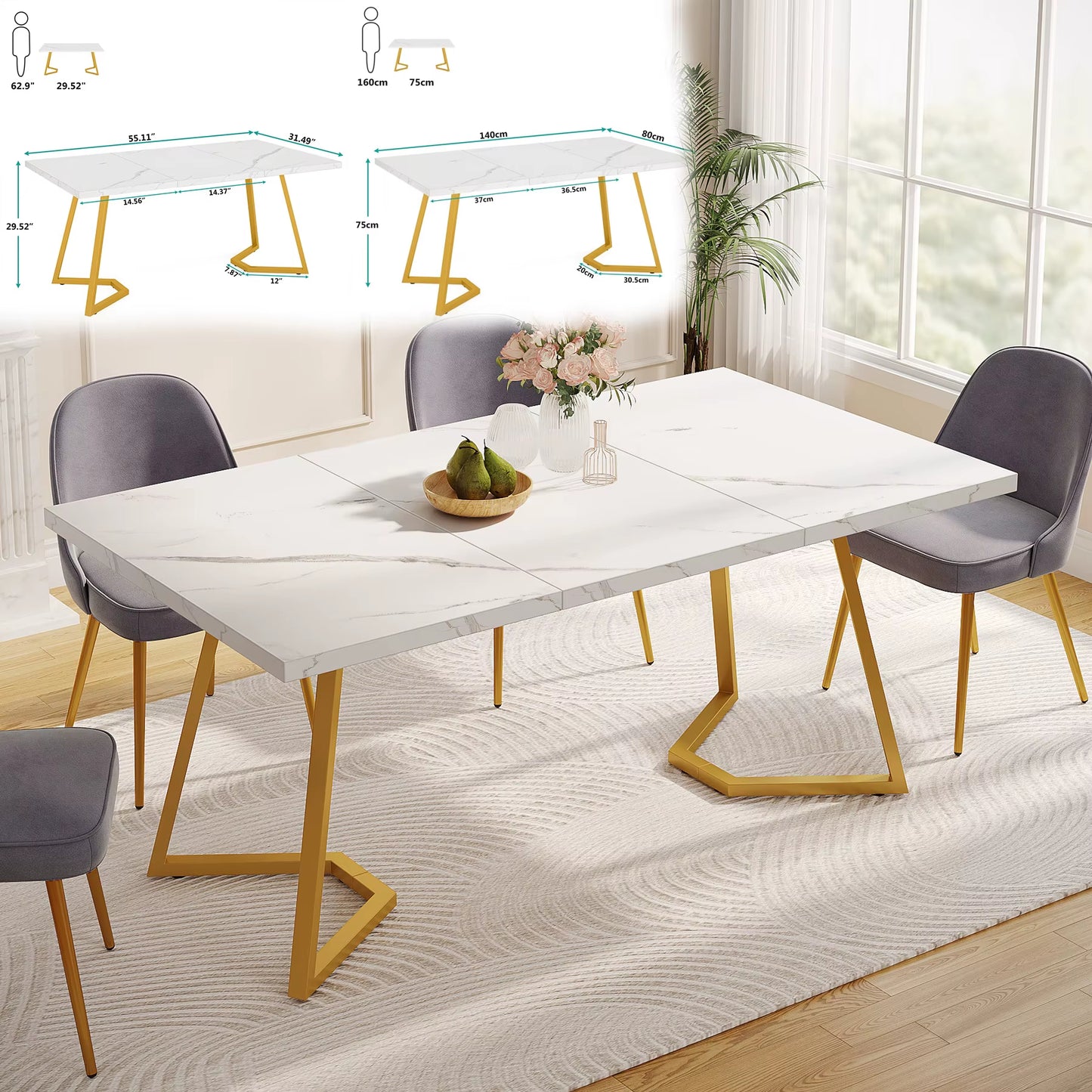 Table rectangulaire moderne 63" blanc marbre synthétique, 4-6 personnes