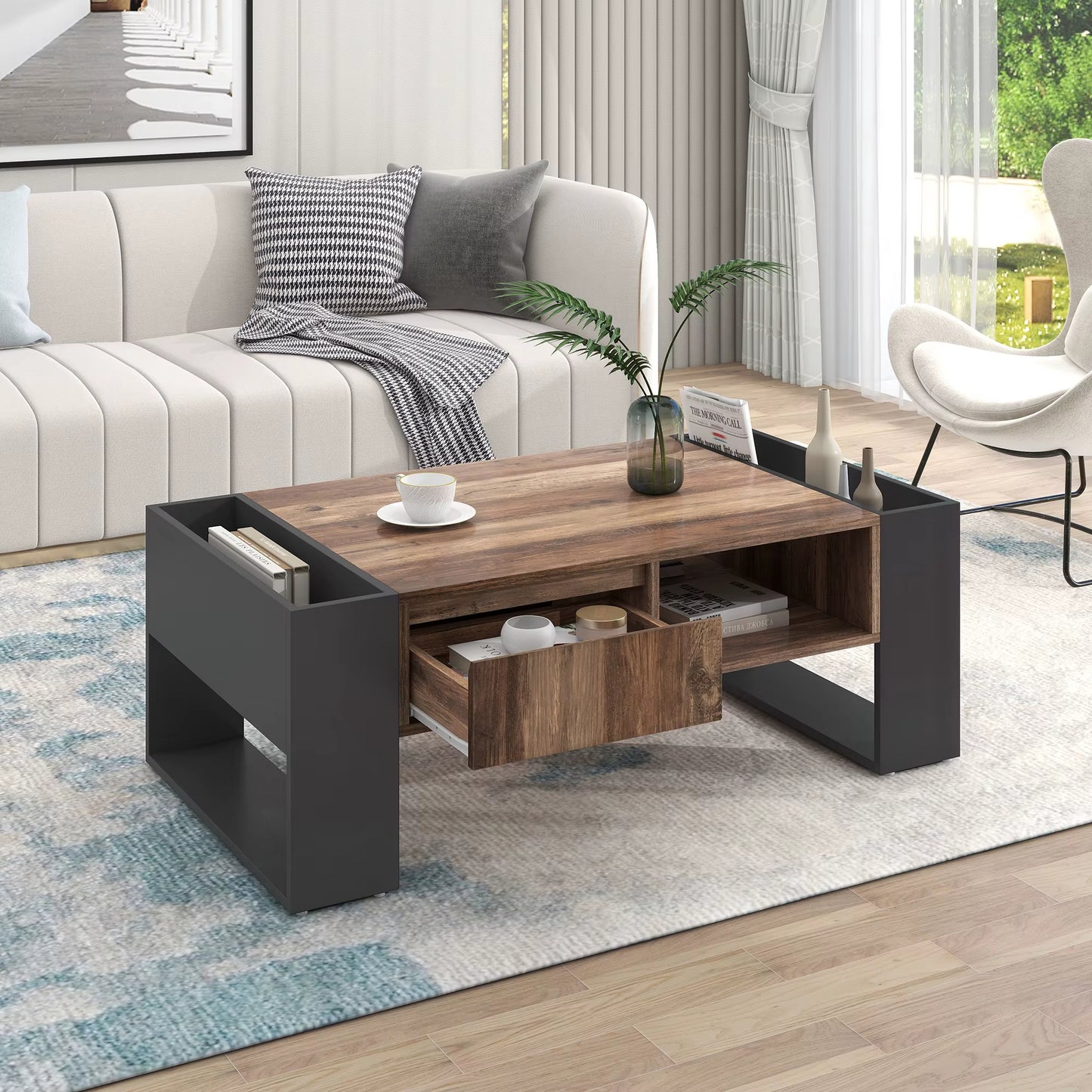 Table de canapé moderne avec tiroirs sans poignée et rangement double face