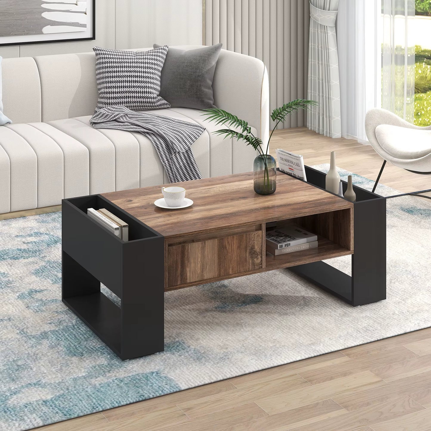 Table de canapé moderne avec tiroirs sans poignée et rangement double face