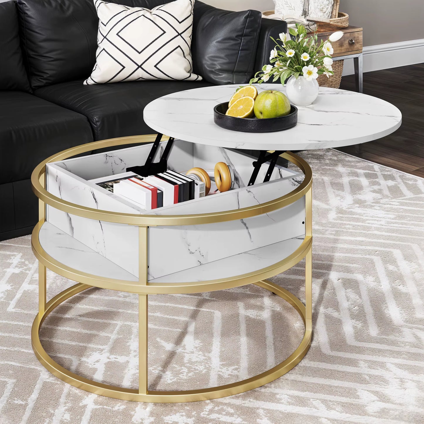 Table basse ronde blanche et or relevable, rangement caché, bureau moderne