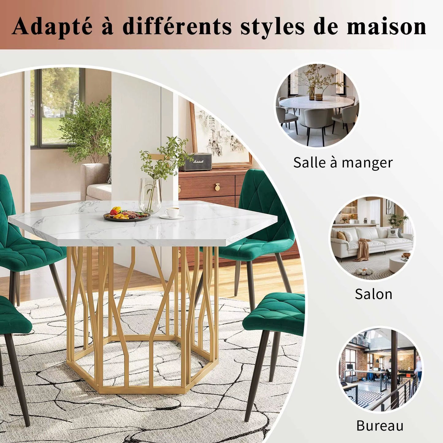 Table hexagonale moderne en marbre avec cadre métal doré, salle à manger