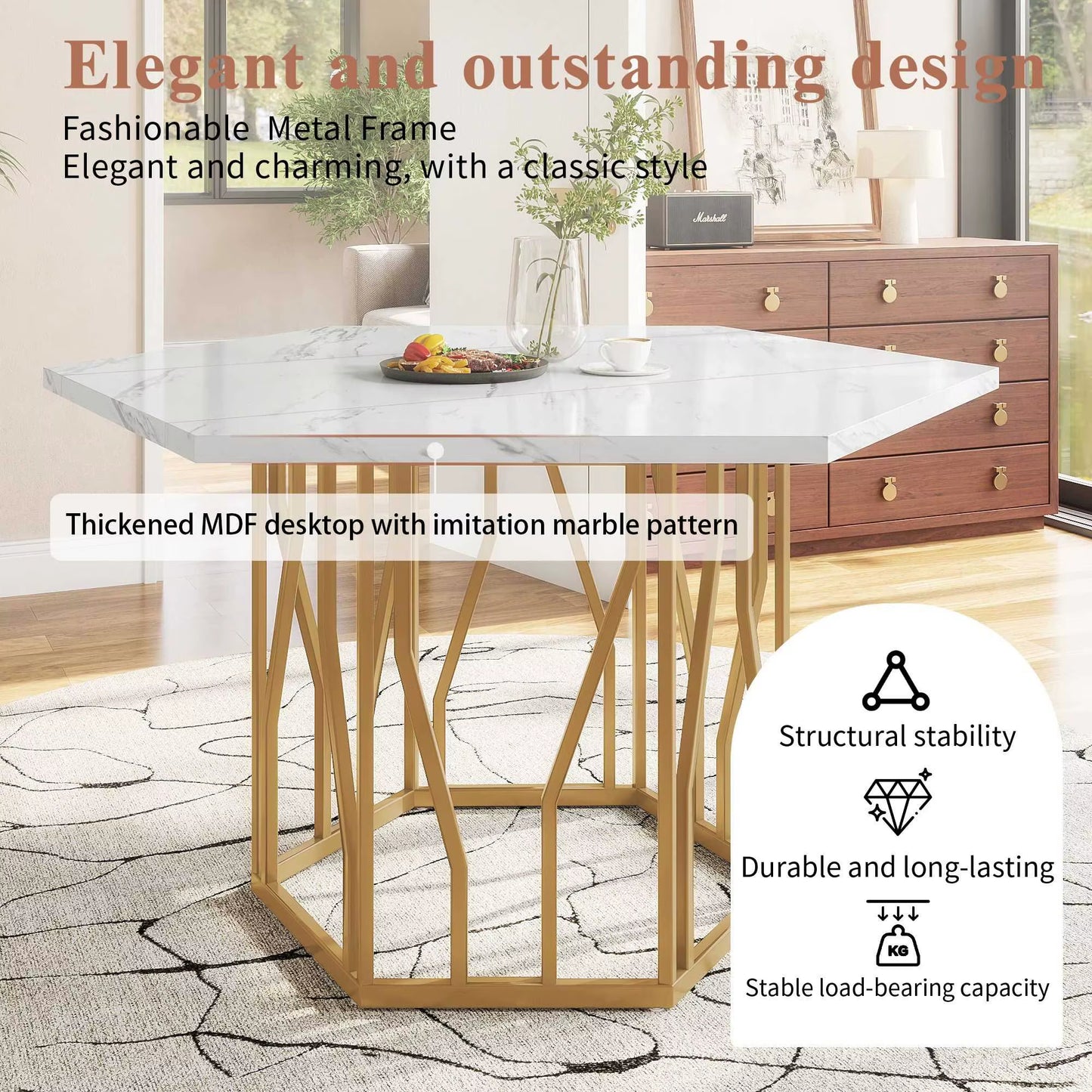 Table hexagonale moderne en marbre avec cadre métal doré, salle à manger