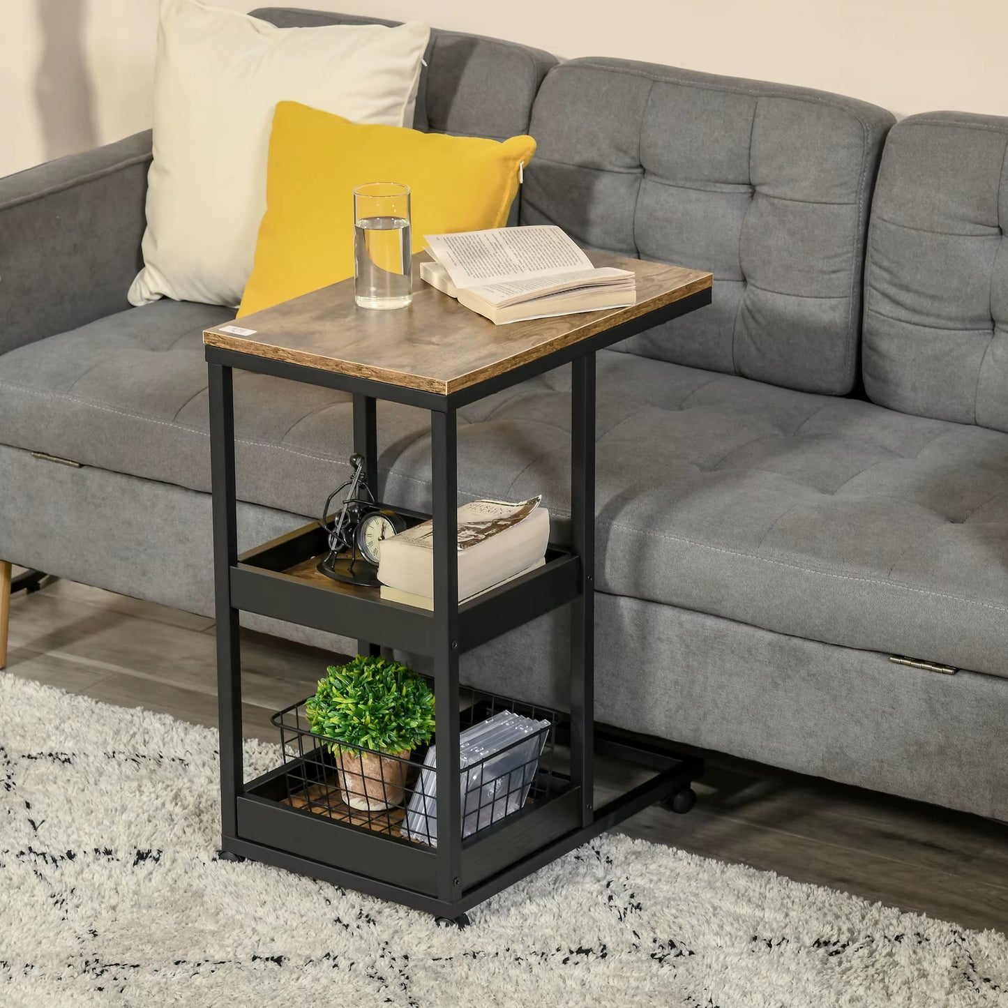 Table d'appoint marron foncé avec roulettes 51x33x66 cm, mobile et pratique