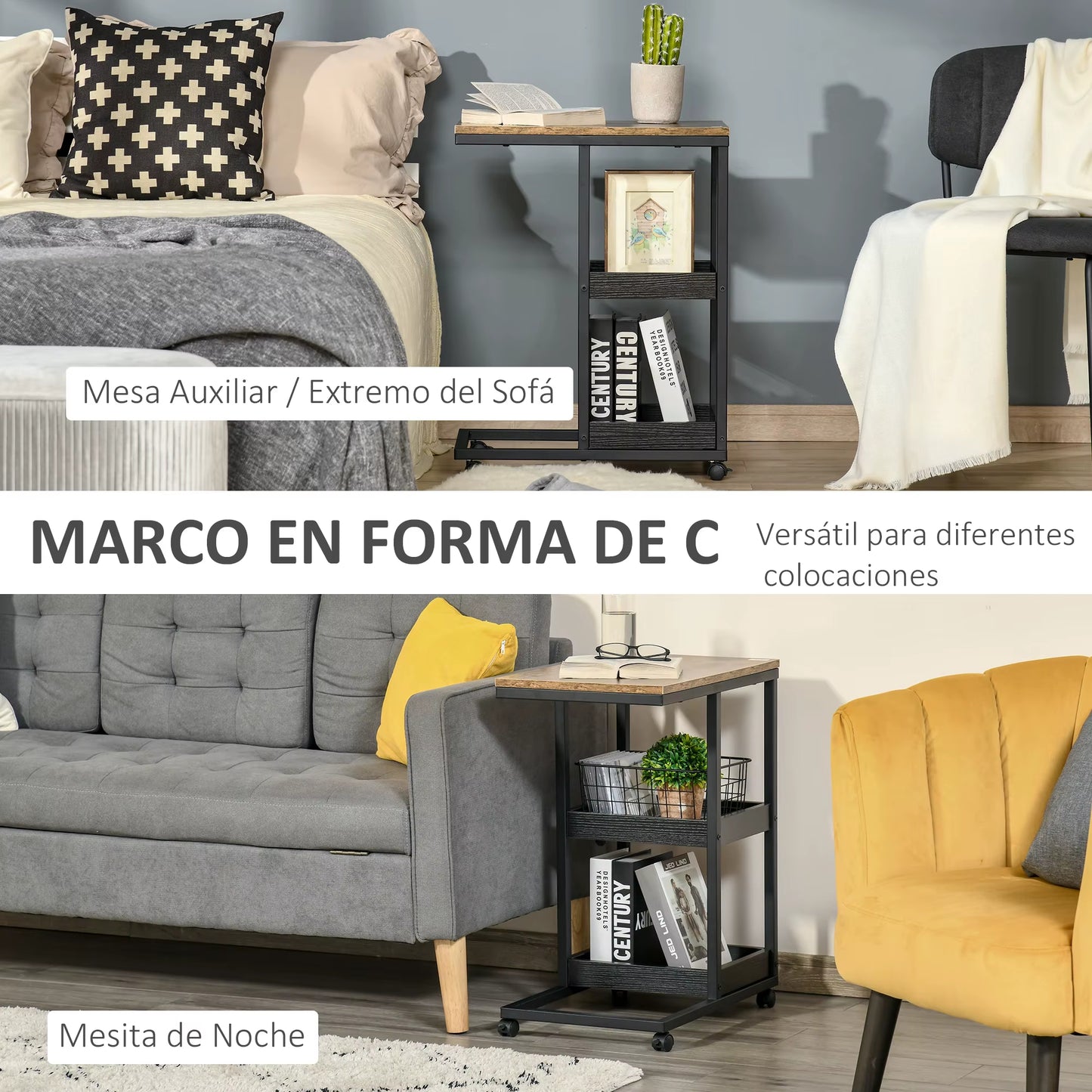 Table d'appoint marron foncé avec roulettes 51x33x66 cm, mobile et pratique