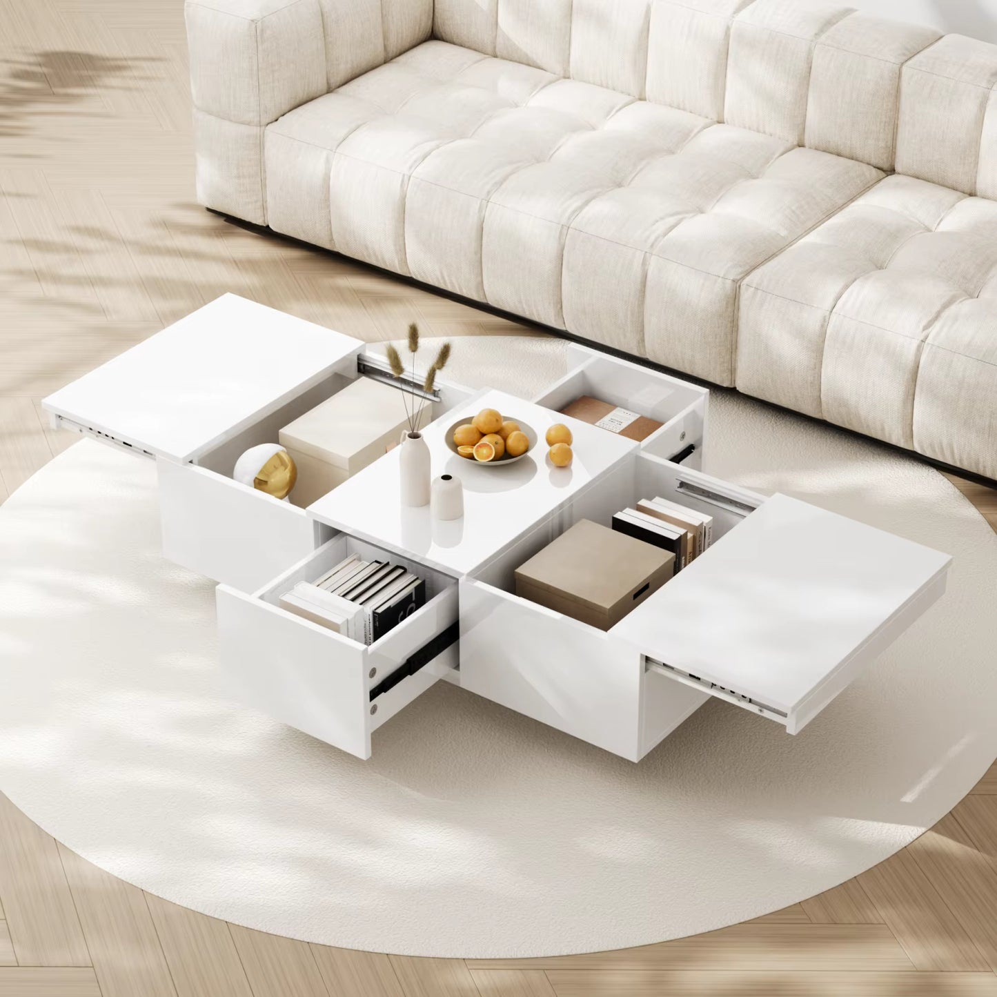 Table basse laquée brillante, rangement tiroirs coulissants double face
