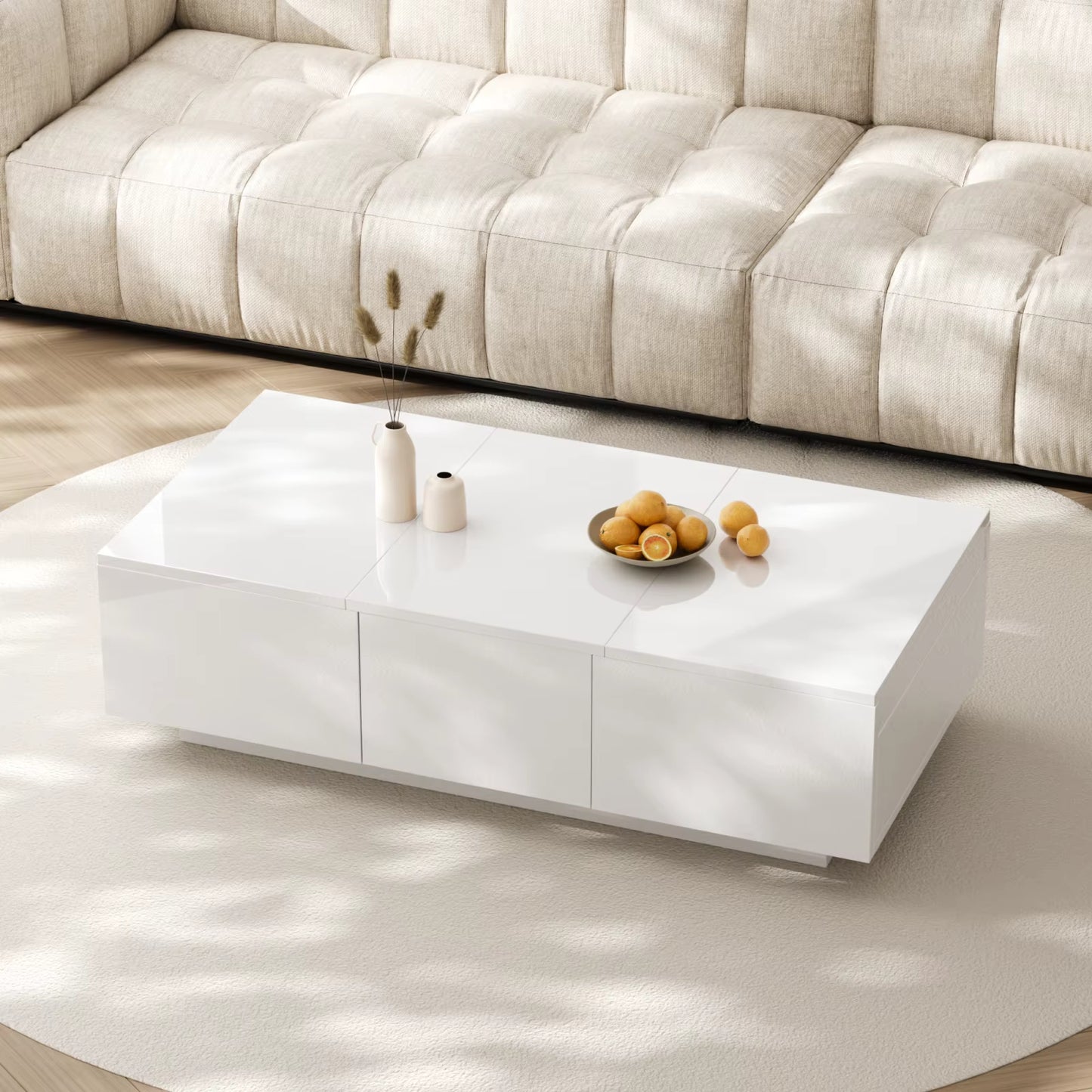 Table basse laquée brillante, rangement tiroirs coulissants double face